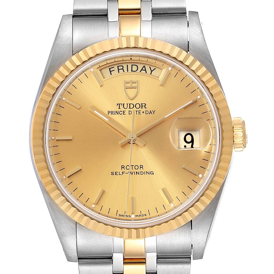 Tudor Day Date Champagne Dial Steel Yellow Gold Mens Watch 76213 Box Card SwissWatchExpo
