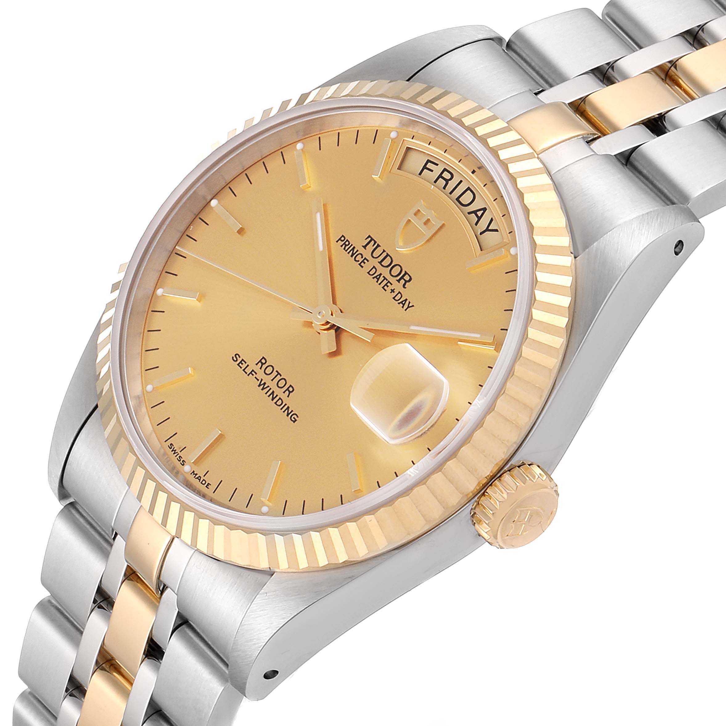 This image shows a close-up, angled view of the Tudor Prince 76213 Men's Steel and Gold (two tone) Champagne Dial 76213 Men's Steel and Gold (two tone) Champagne Dial model watch, highlighting its dial, bezel, and part of the bracelet.