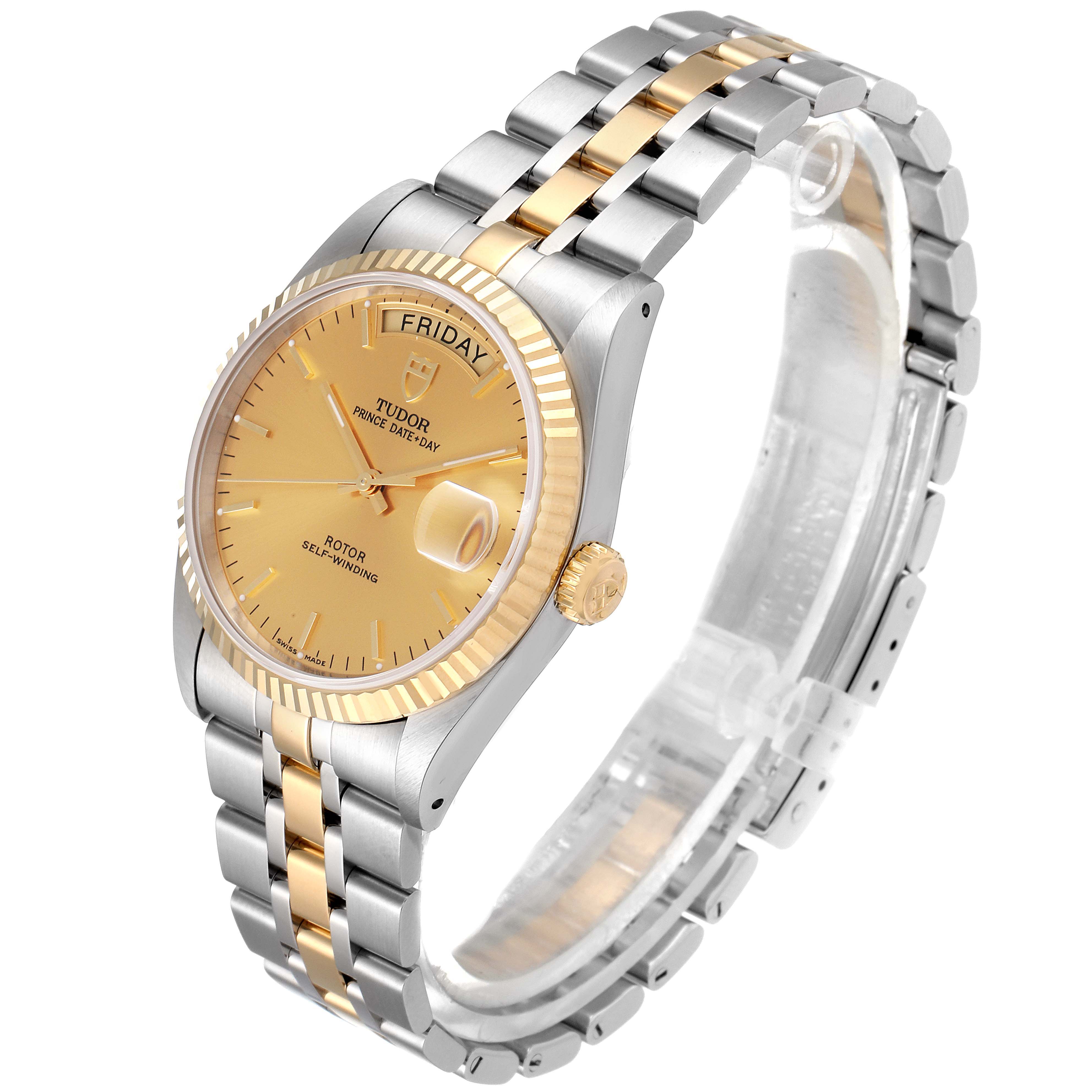The Tudor Prince 76213 Men's Steel and Gold (two tone) Champagne Dial 76213 Men's Steel and Gold (two tone) Champagne Dial model watch is shown at an angle displaying its face, bezel, crown, and two-tone metal bracelet.
