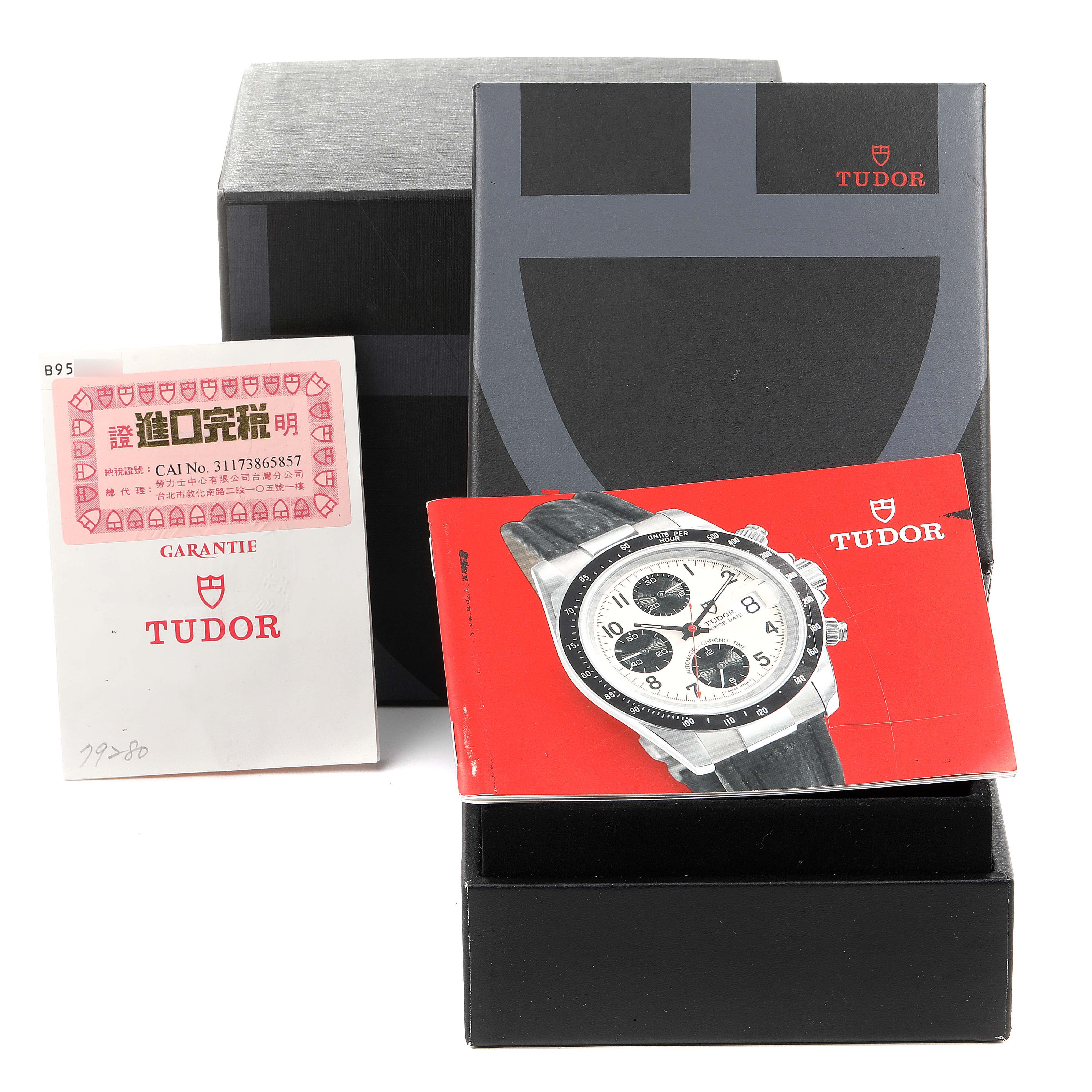 The image shows the packaging, warranty card, and manual for the Tudor Prince model watch.