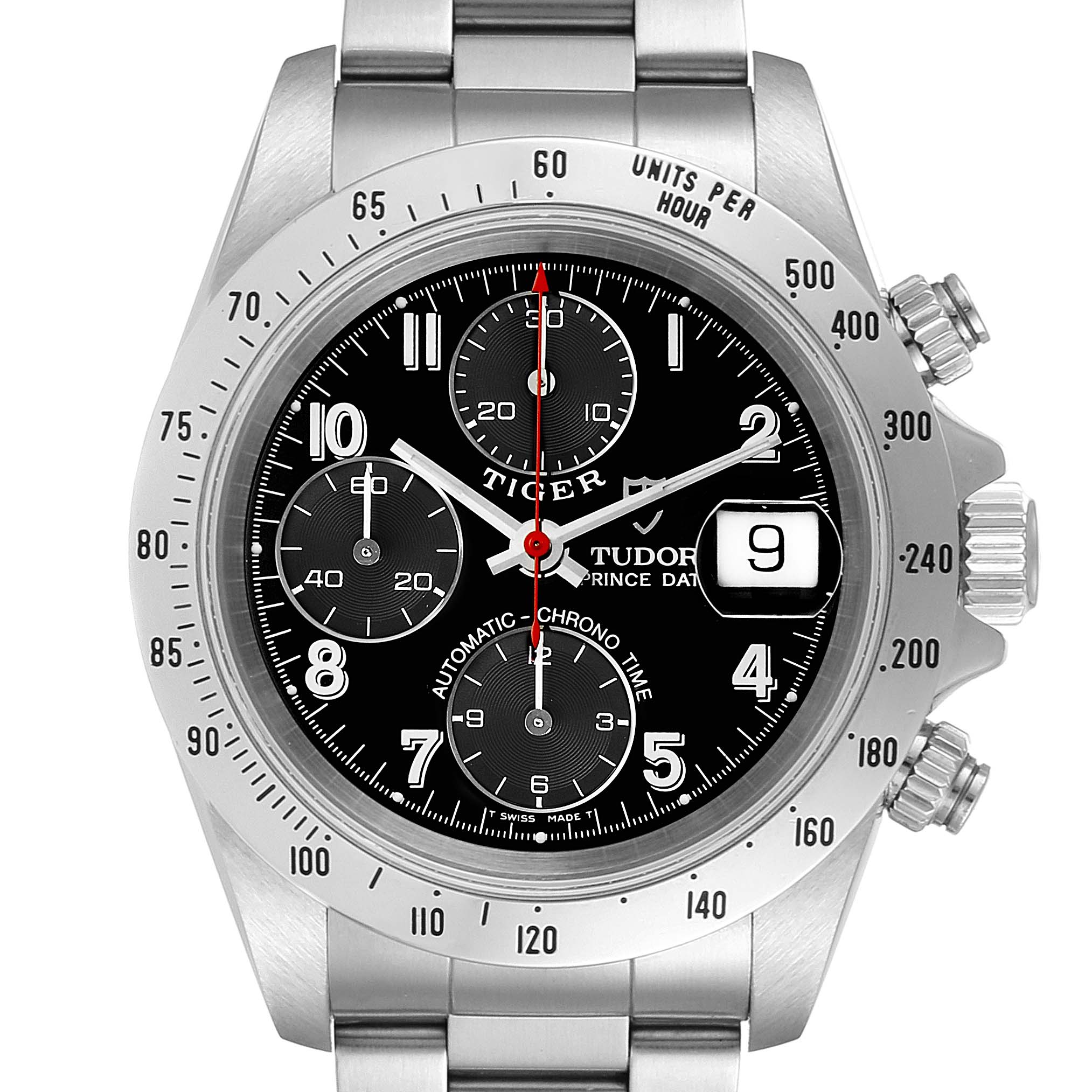 This image shows a front view of the Tudor Tiger 79280 Men's Stainless Steel Black Dial 79280 Men's Stainless Steel Black Dial model watch, highlighting its dial, bracelet, bezel, chronographs, and date feature.