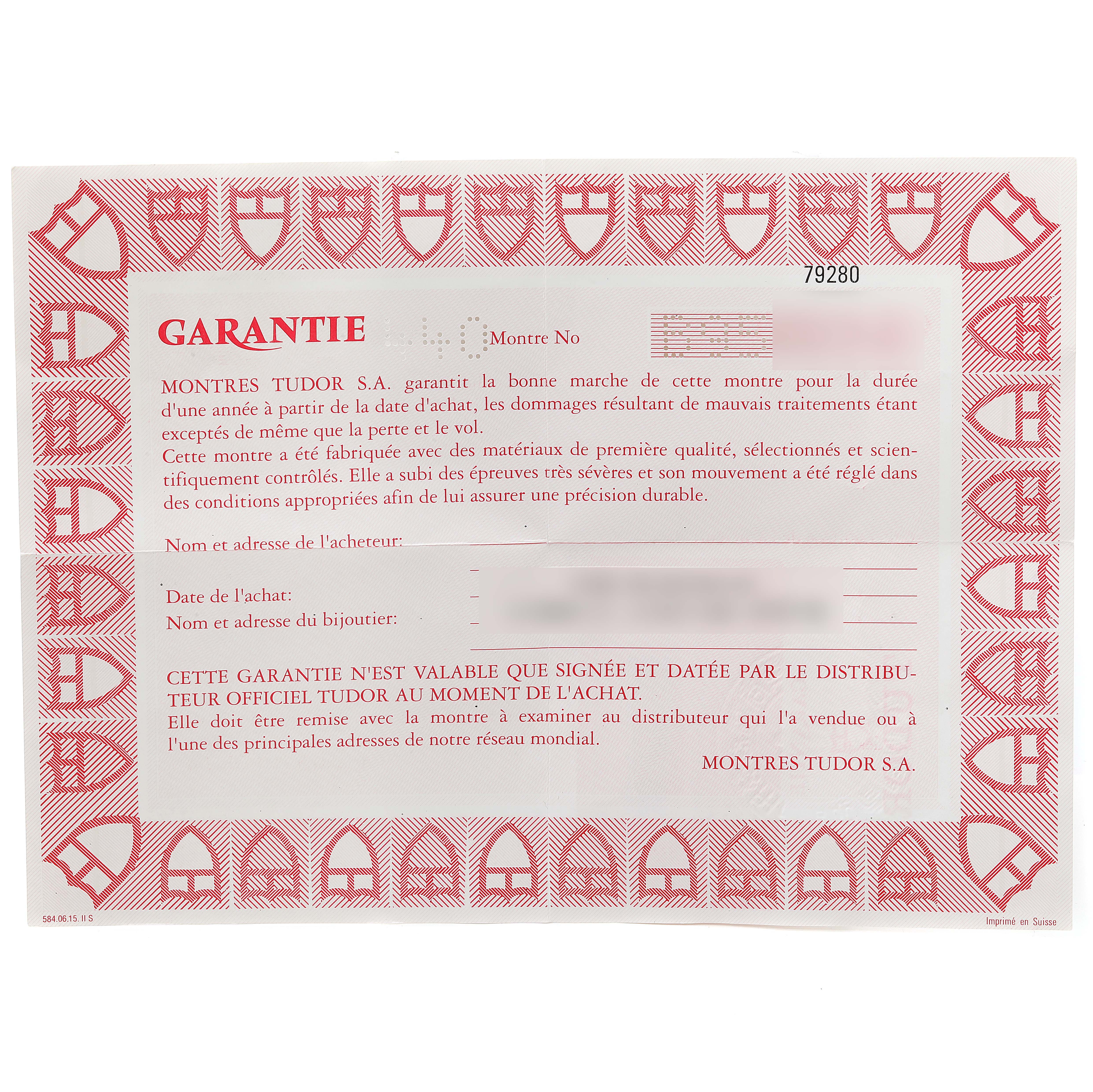 The image shows the warranty card for a Tudor Prince watch, featuring details in French with red borders and the Tudor logo.