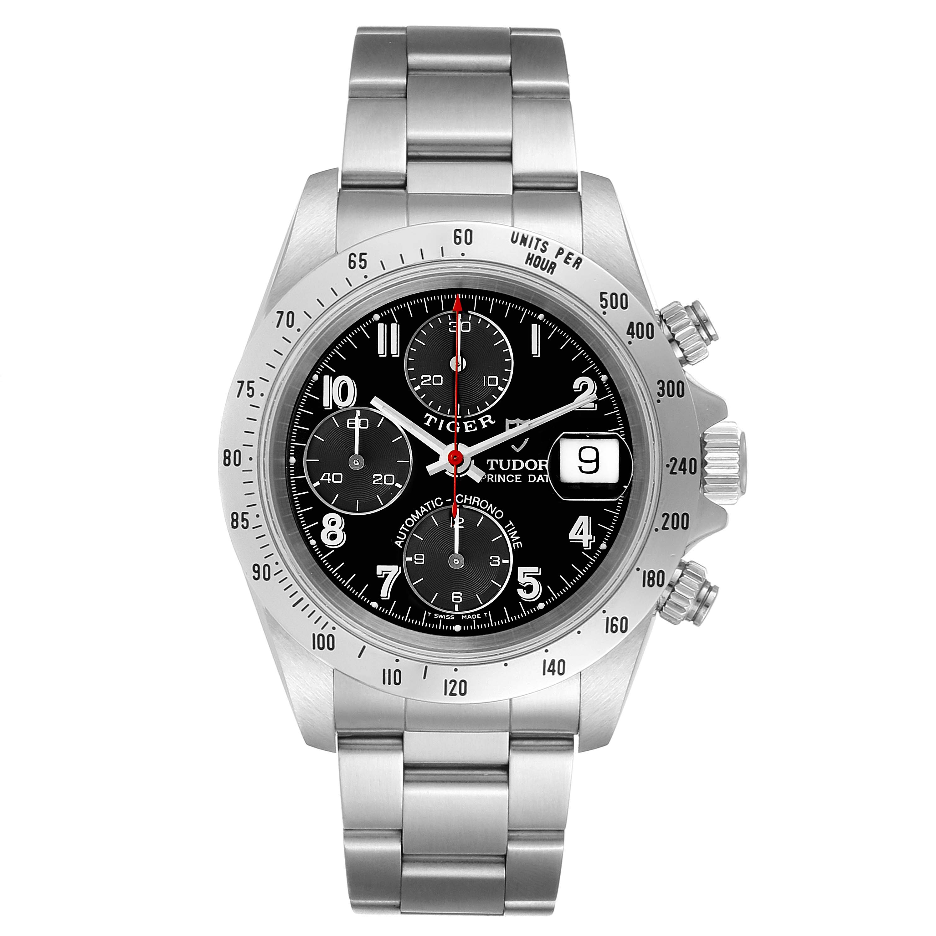 The image shows a front view of the Tudor Prince watch, displaying the face, bezel, three subdials, date window, and stainless steel bracelet.