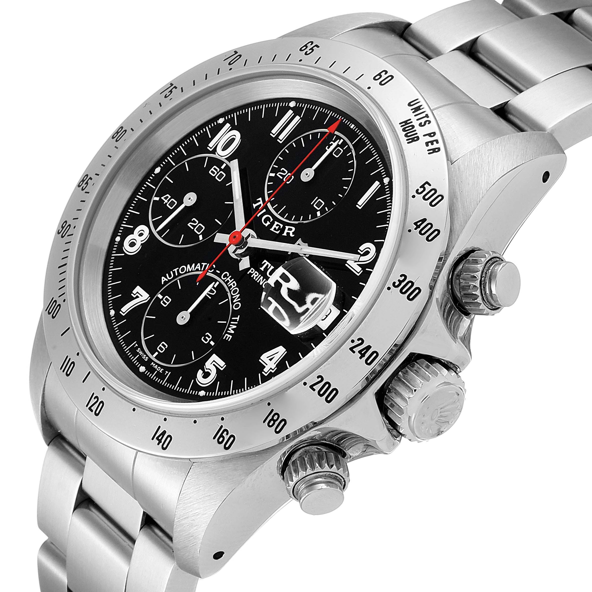 The image shows a close-up angle of the Tudor Prince model watch, highlighting its bezel, crown, subdials, and stainless steel bracelet.