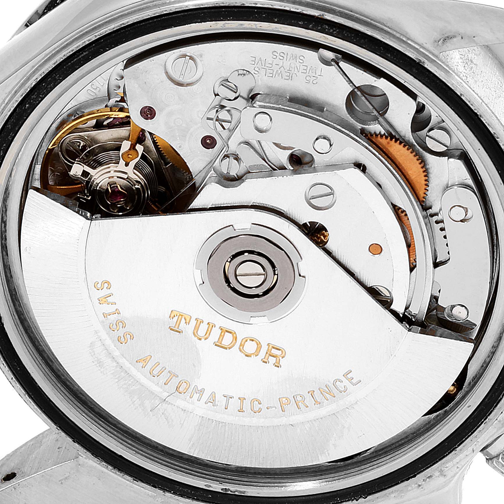 The image shows the movement of a Tudor Prince model watch from a back or transparent case-back angle.