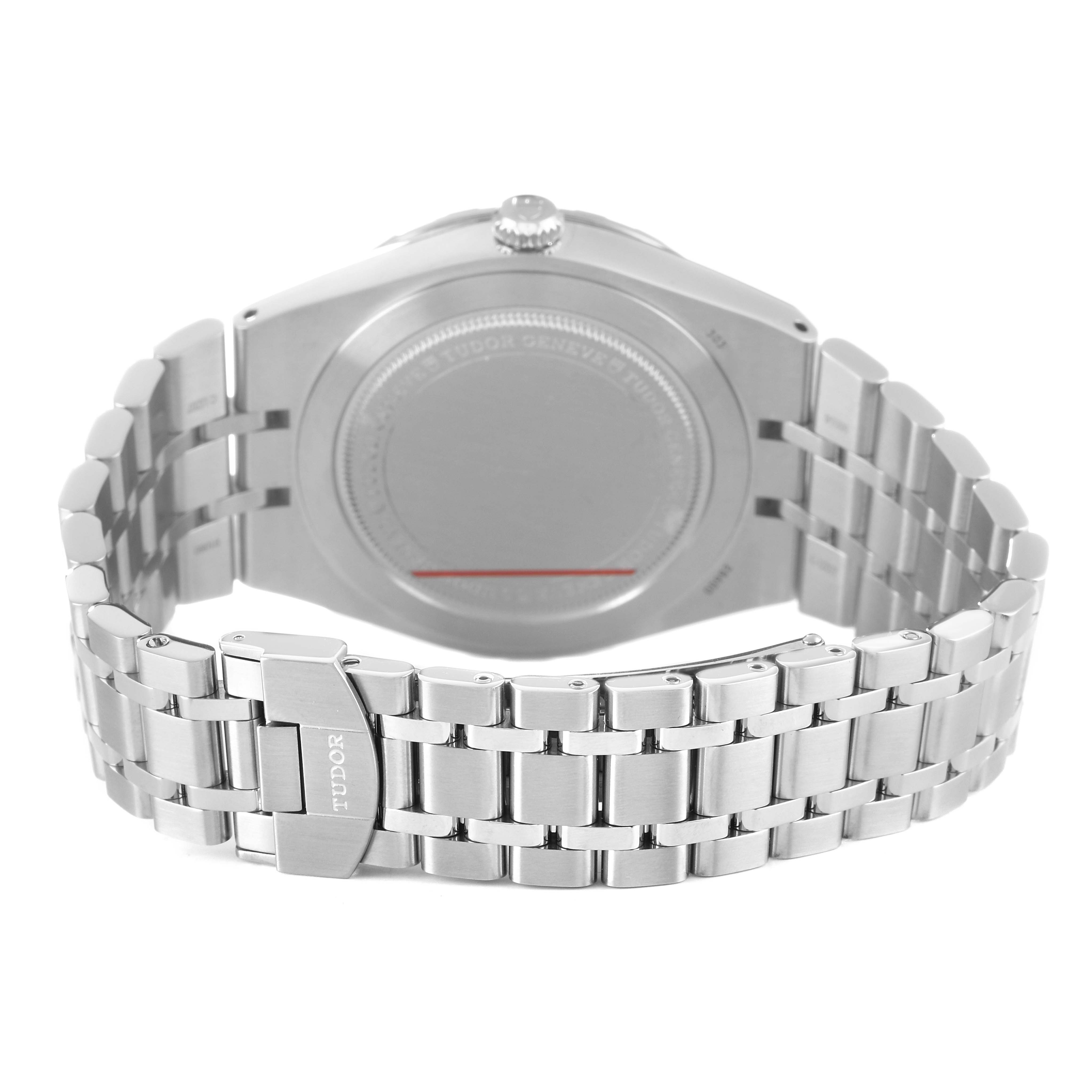 The image shows the back view of a Tudor Royal 28600 Men's Stainless Steel Blue Dial watch, highlighting the case and bracelet clasp.