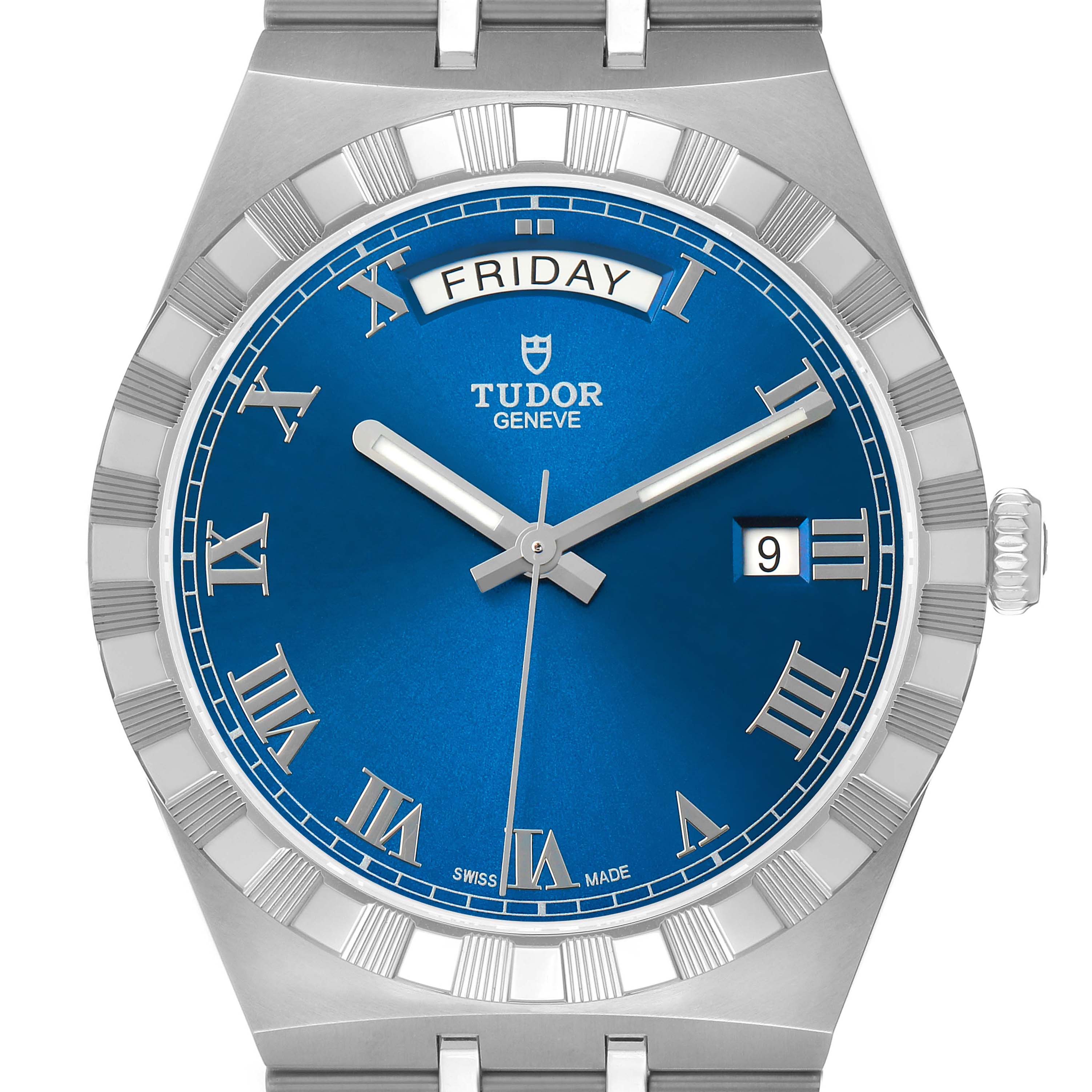 The image shows a close-up of the dial for the Tudor Royal 28600 Men's Stainless Steel Blue Dial, highlighting the blue face, Roman numerals, day, and date features.
