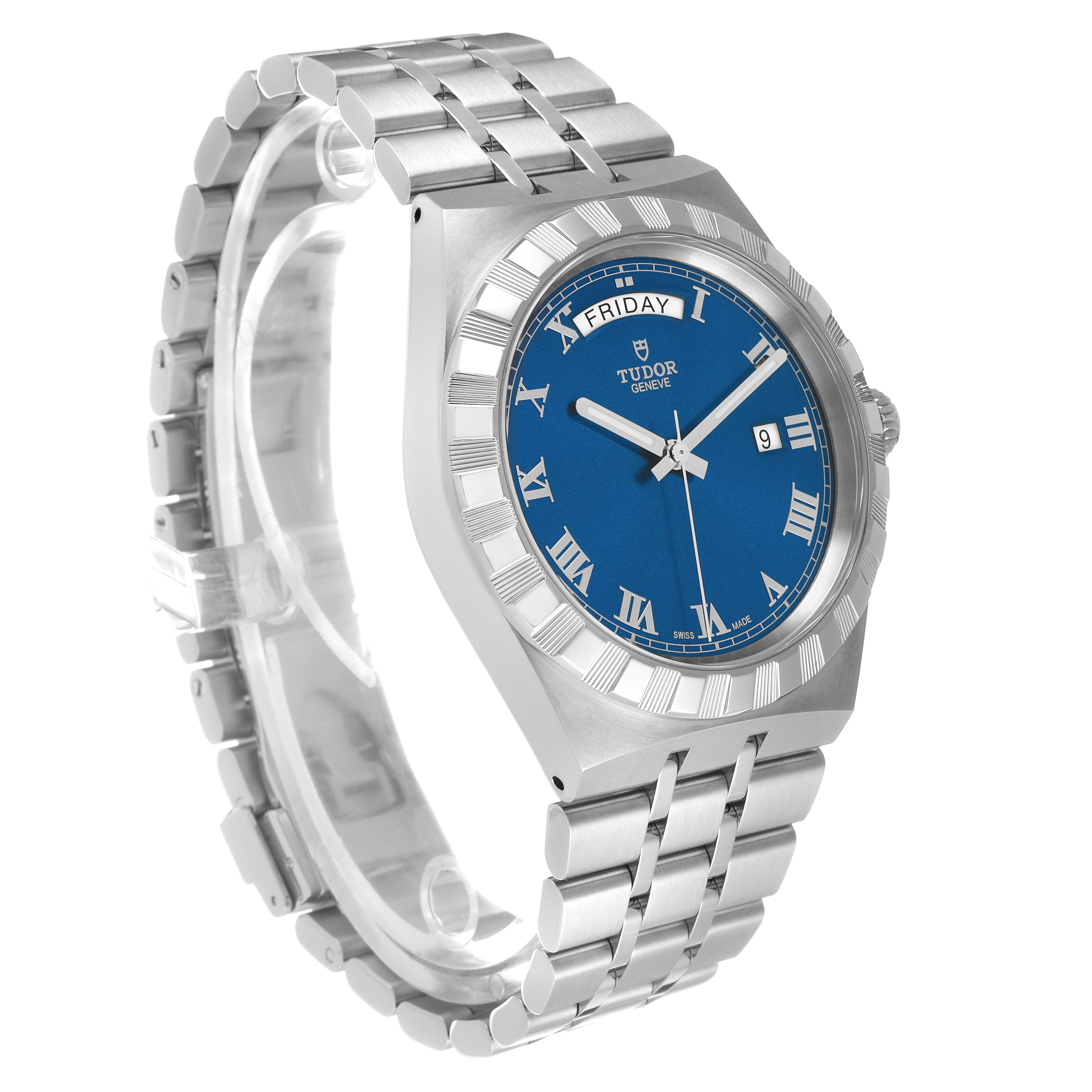 The Tudor Royal 28600 Men's Stainless Steel Blue Dial watch is shown at a slight angle, highlighting the blue dial, day-date display, and stainless steel bracelet.
