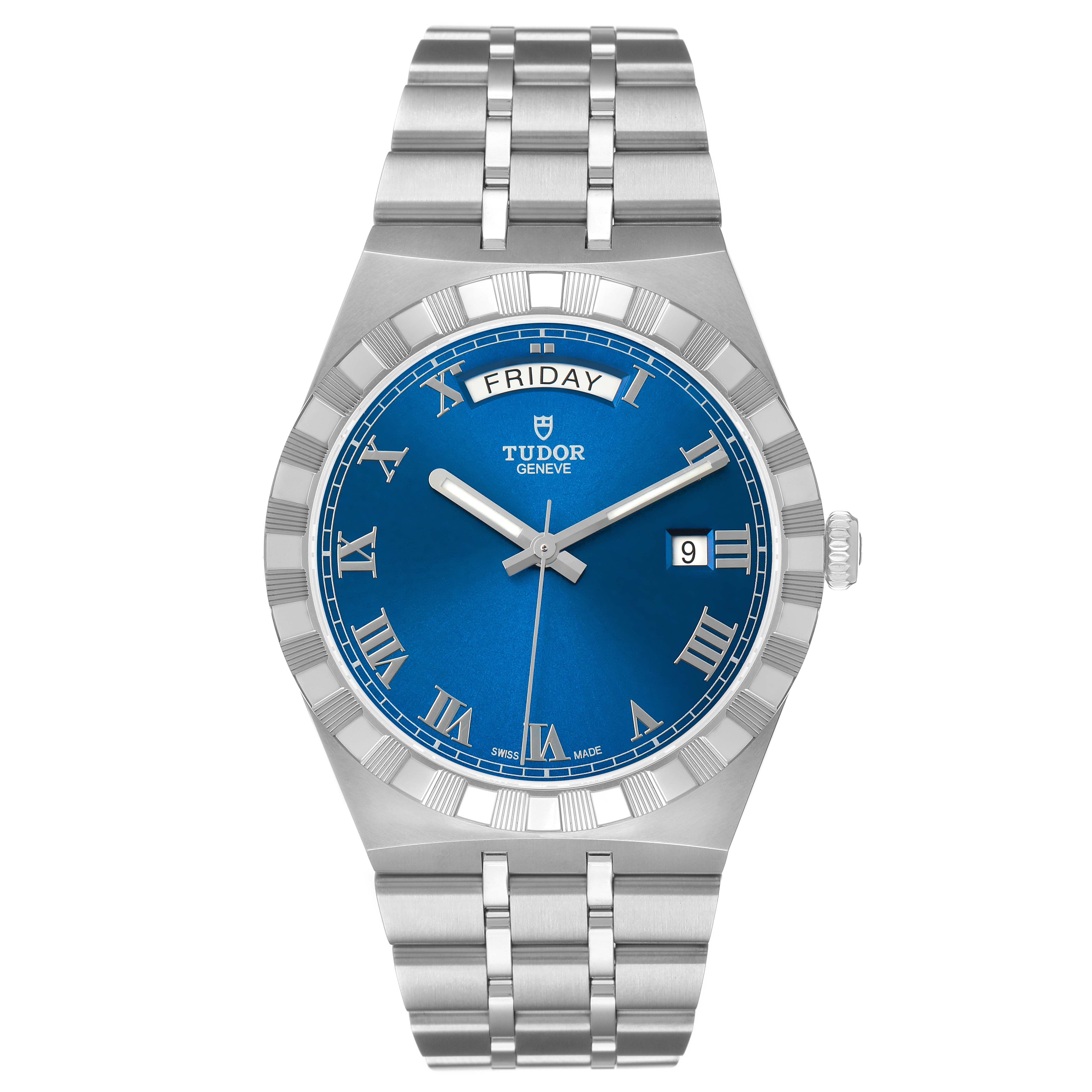 The Tudor Royal 28600 Men's Stainless Steel Blue Dial watch is shown from a top view, highlighting its blue dial, day-date function, and stainless steel bracelet.