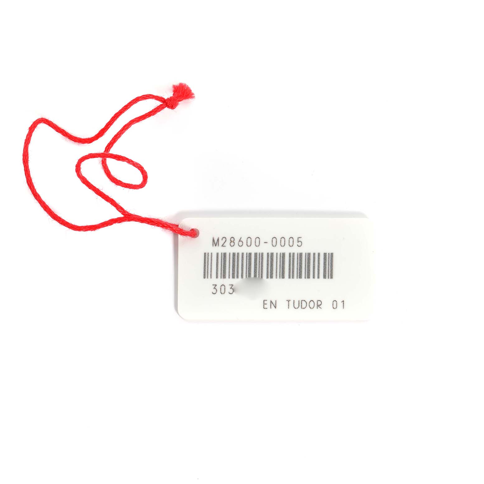 The image shows a tag for the Tudor Royal 28600 Men's Stainless Steel Blue Dial model with a red string, featuring a barcode and model details.