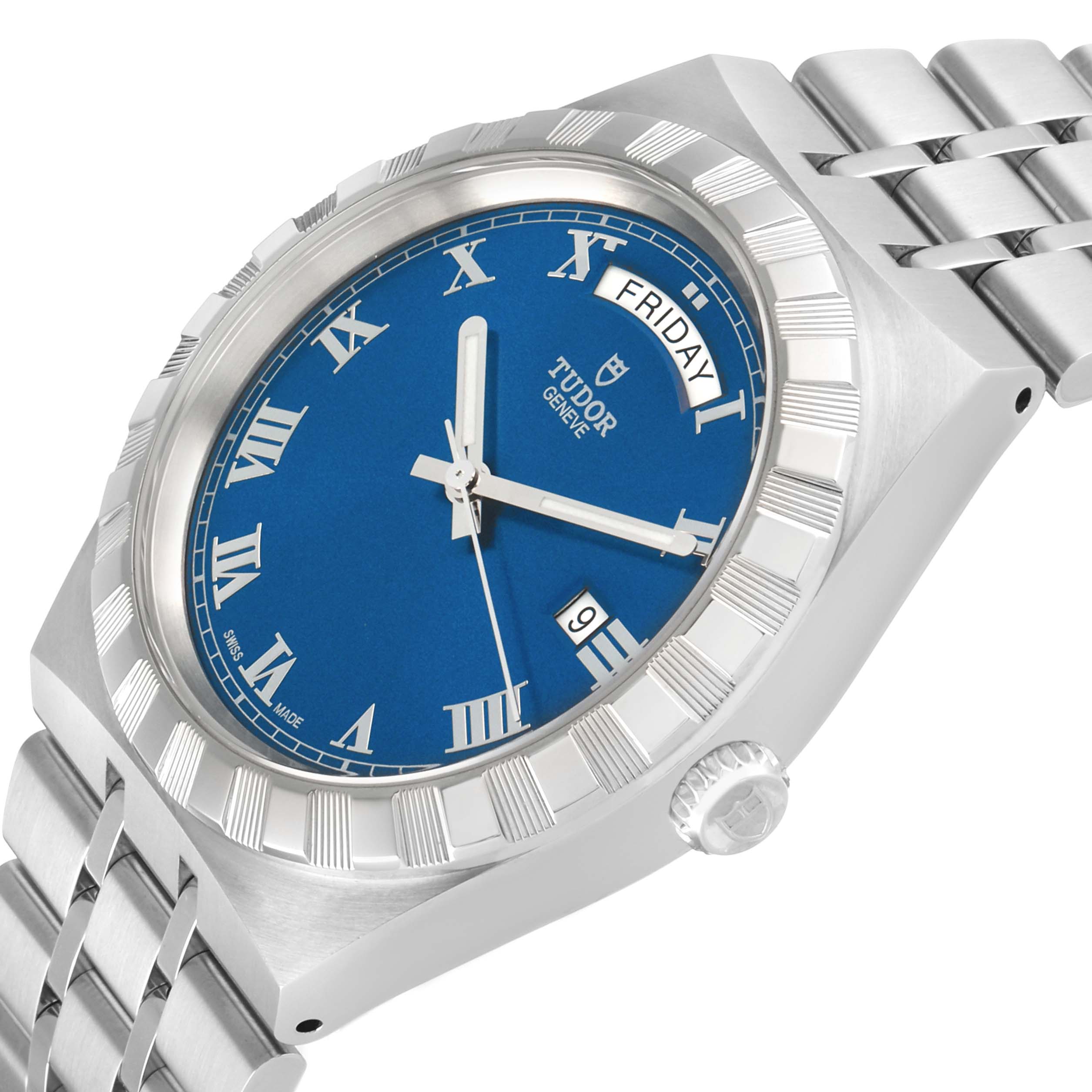 The Tudor Royal 28600 Men's Stainless Steel Blue Dial watch is shown at an oblique angle, displaying its blue dial, bezel, crown, and bracelet.