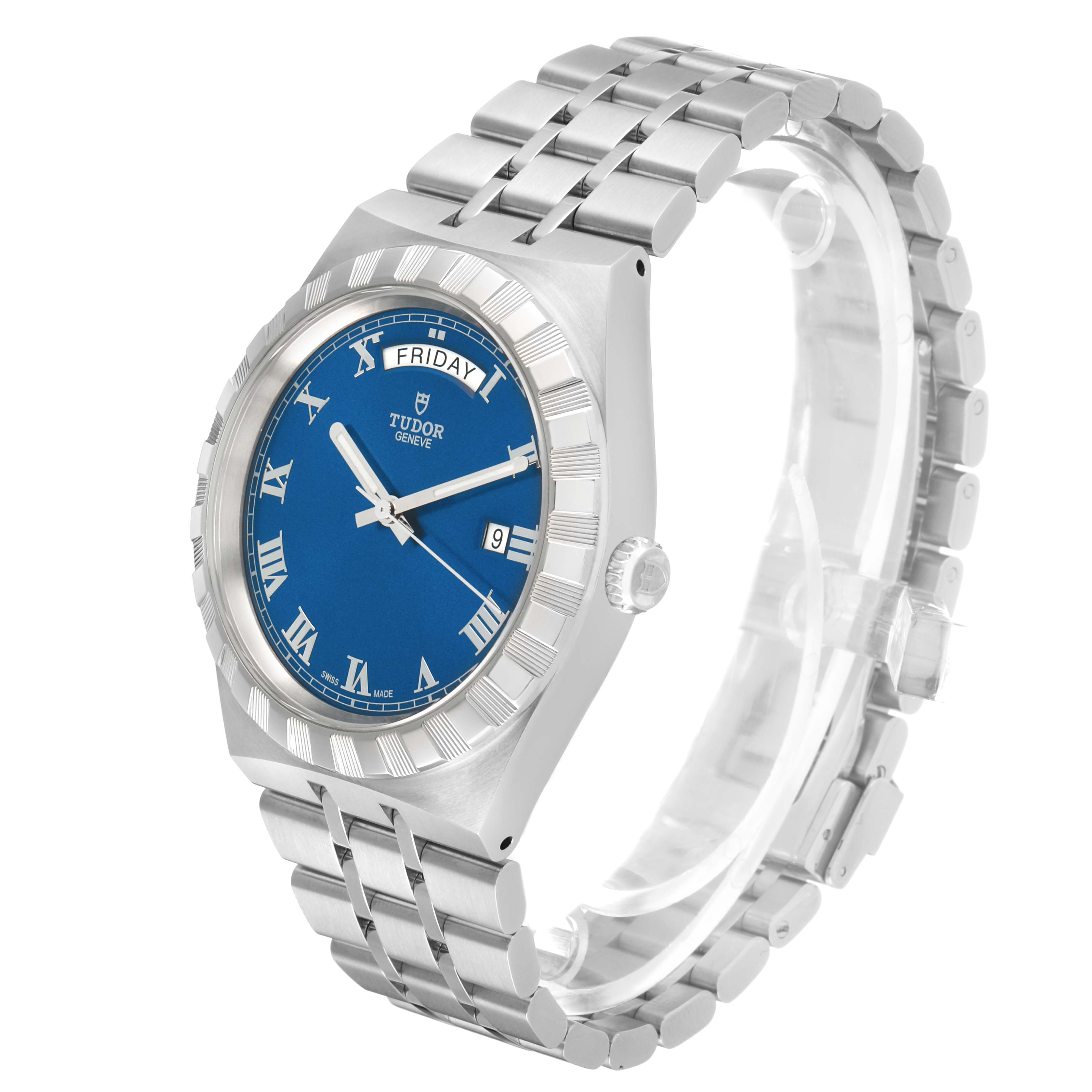 The Tudor Royal 28600 Men's Stainless Steel Blue Dial watch is shown at a slight side angle, highlighting the blue dial, bezel, and bracelet.
