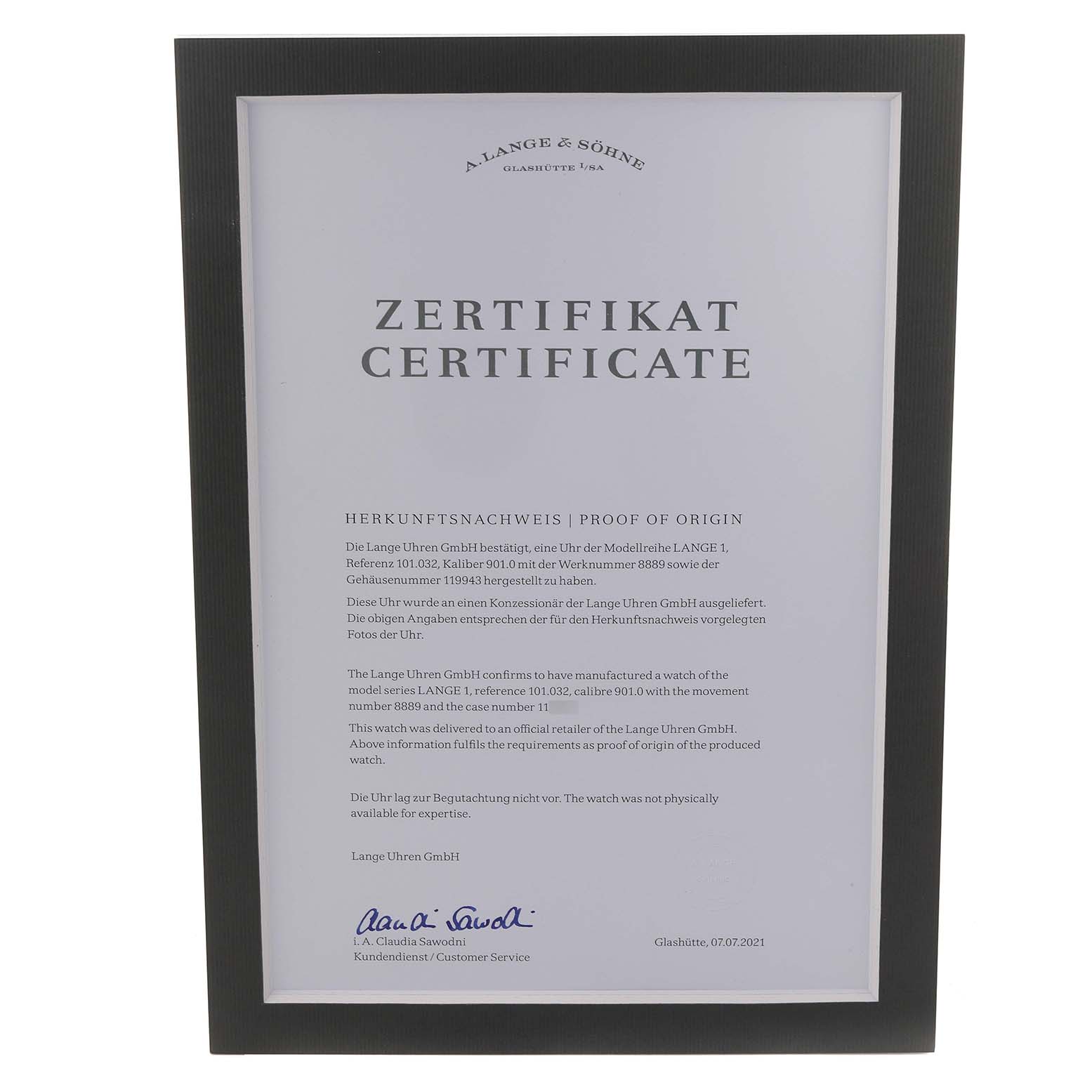 This image shows a certificate of authenticity for the Lange 1 model by A. Lange & Söhne.