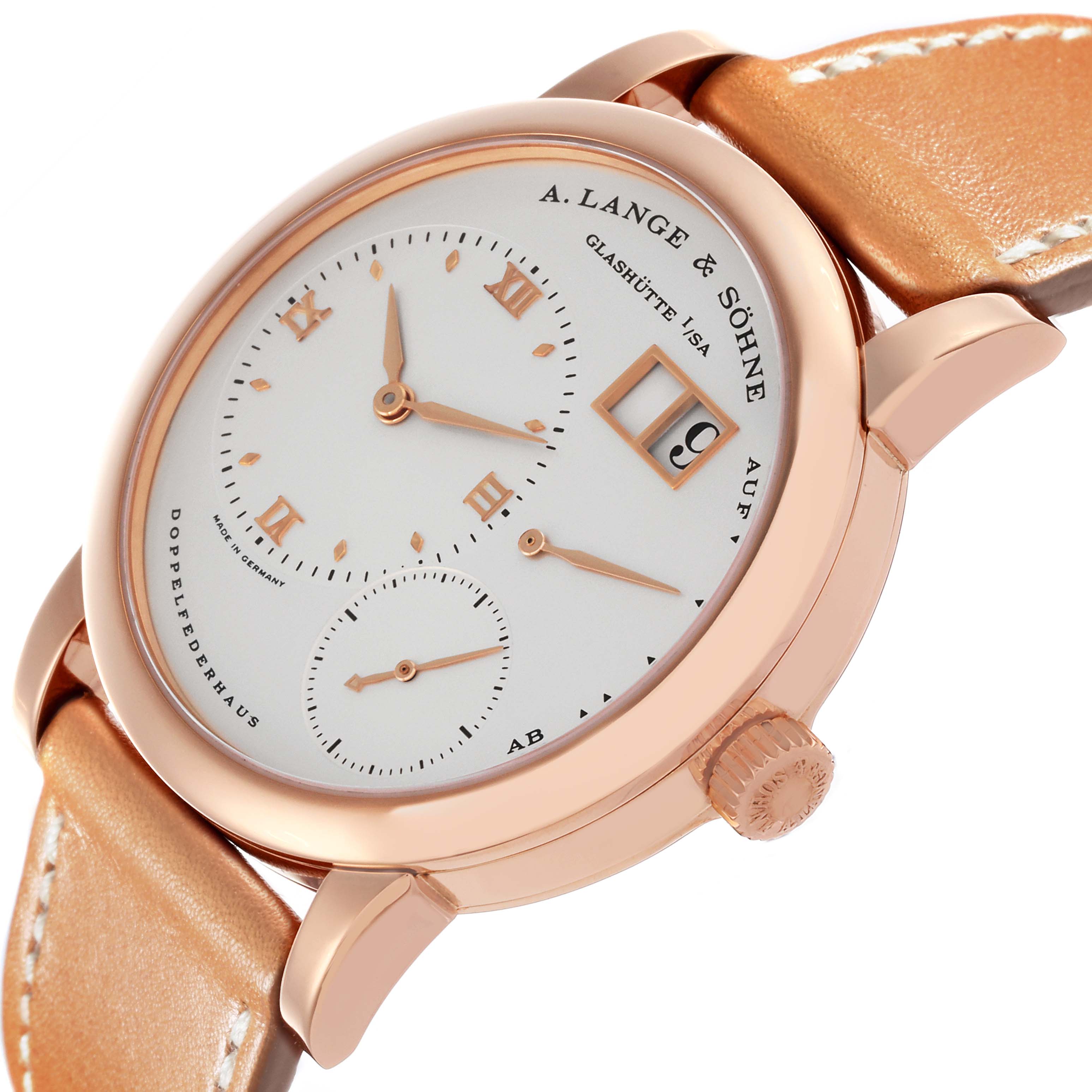 The A. Lange & Sohne Lange 1 101.032 Men's Rose Gold Silver Dial watch is shown from a slight side angle, highlighting the dial, case, and leather strap.