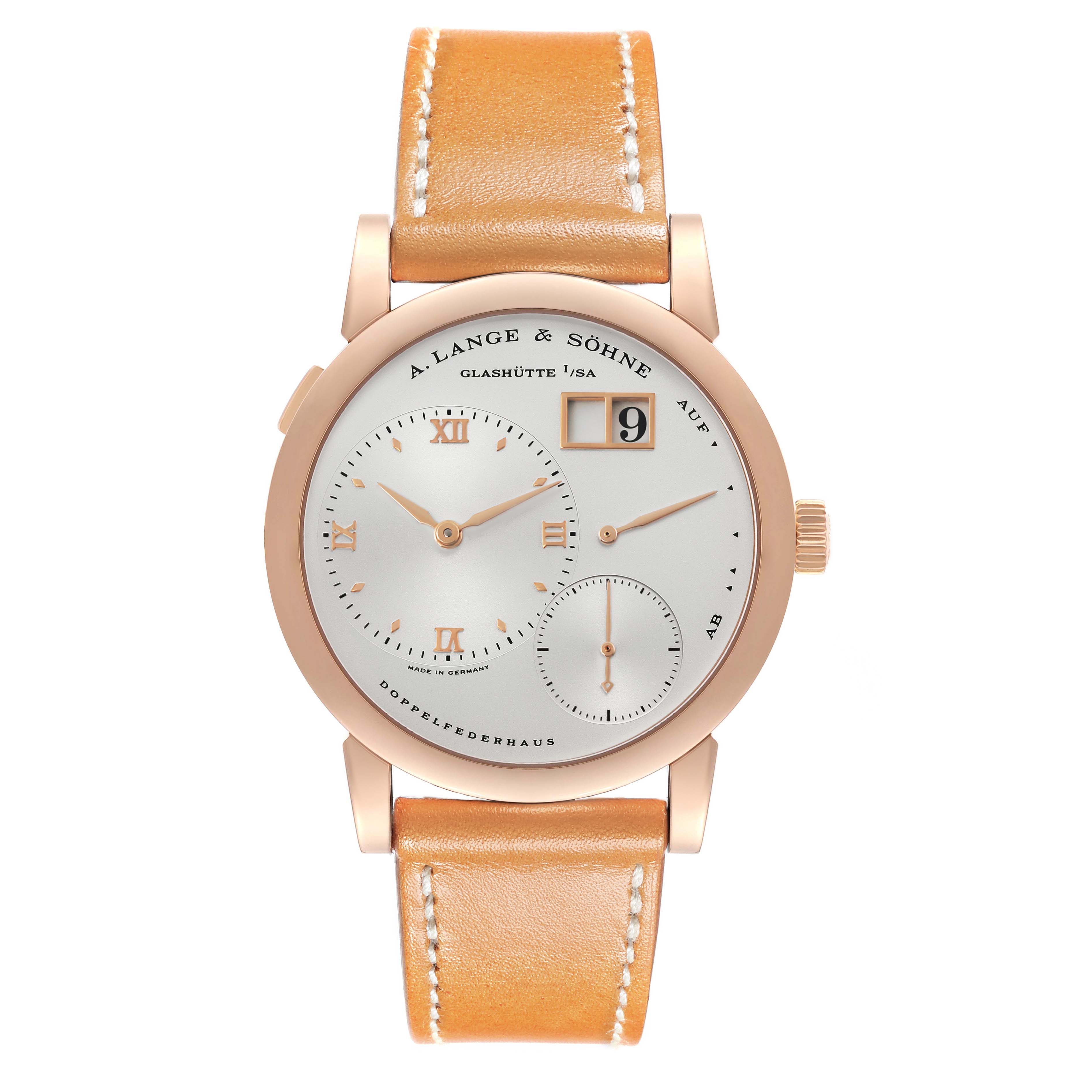 The A. Lange & Sohne Lange 1 101.032 Men's Rose Gold Silver Dial watch is shown from the front, displaying the dial, time, date, and leather strap.