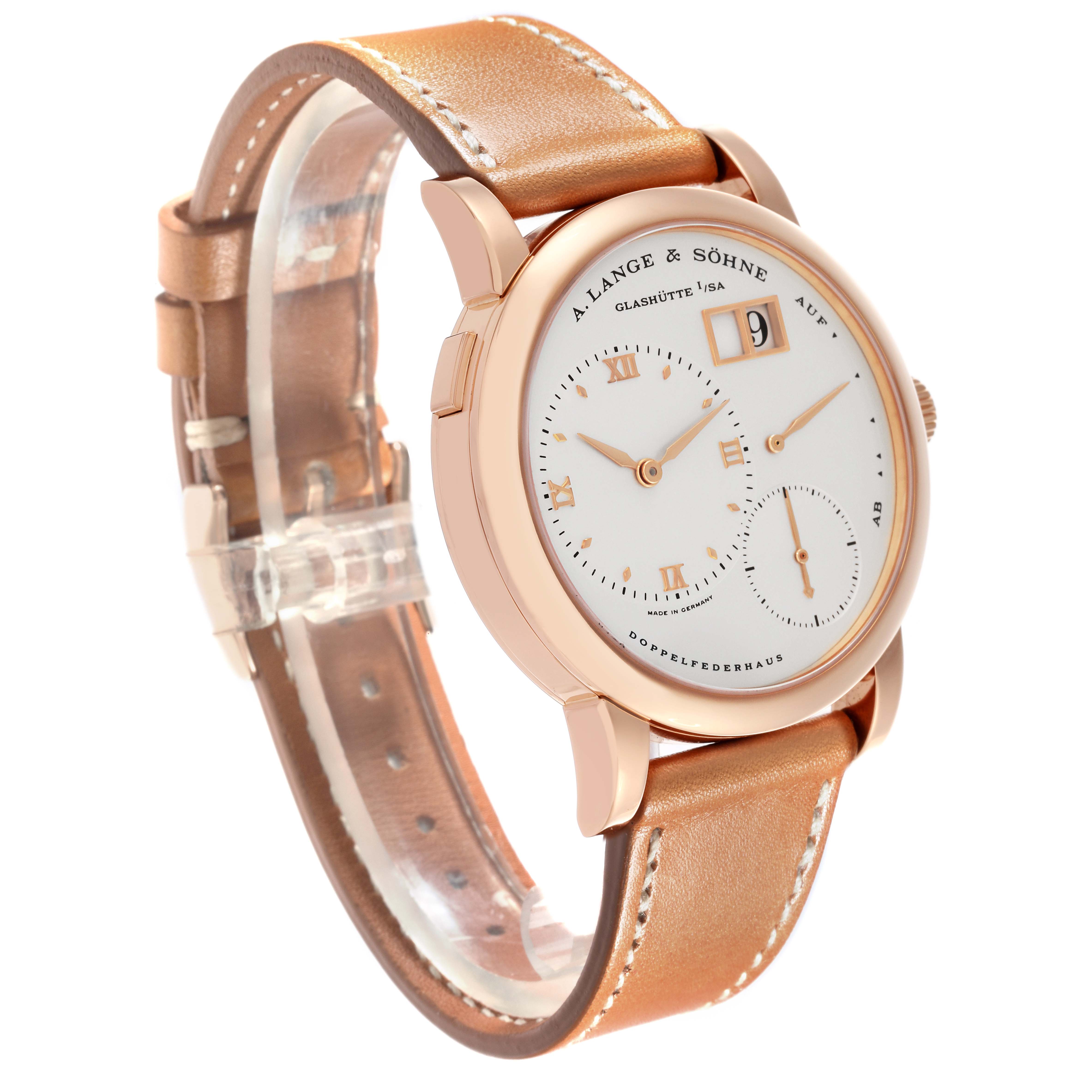 The Lange 1 by A. Lange & Söhne is shown at a slight angle, displaying its dial, leather strap, and side profile.
