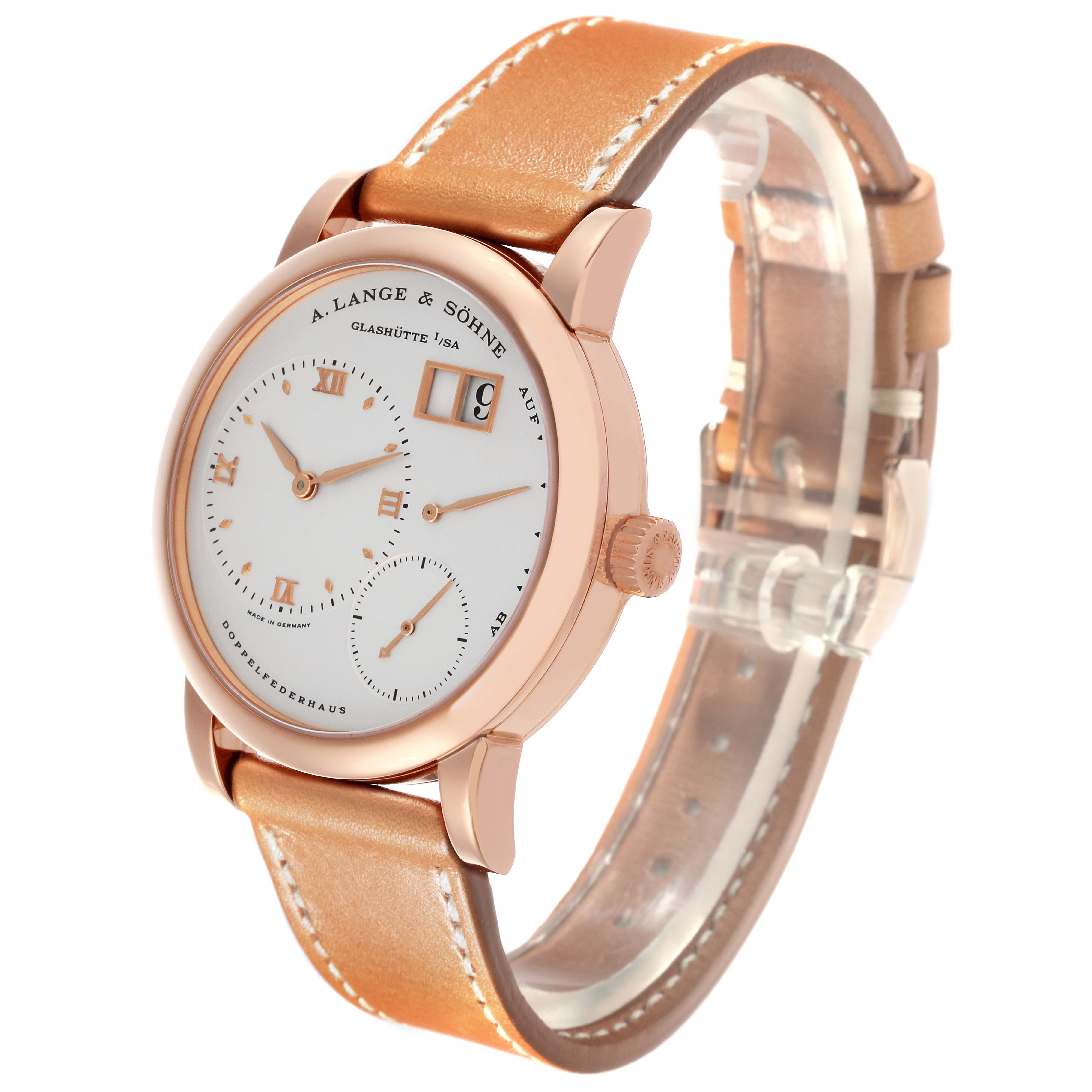 The image shows a side angle of the A. Lange & Sohne Lange 1 101.032 Men's Rose Gold Silver Dial watch, highlighting the dial, hands, date display, and leather strap.