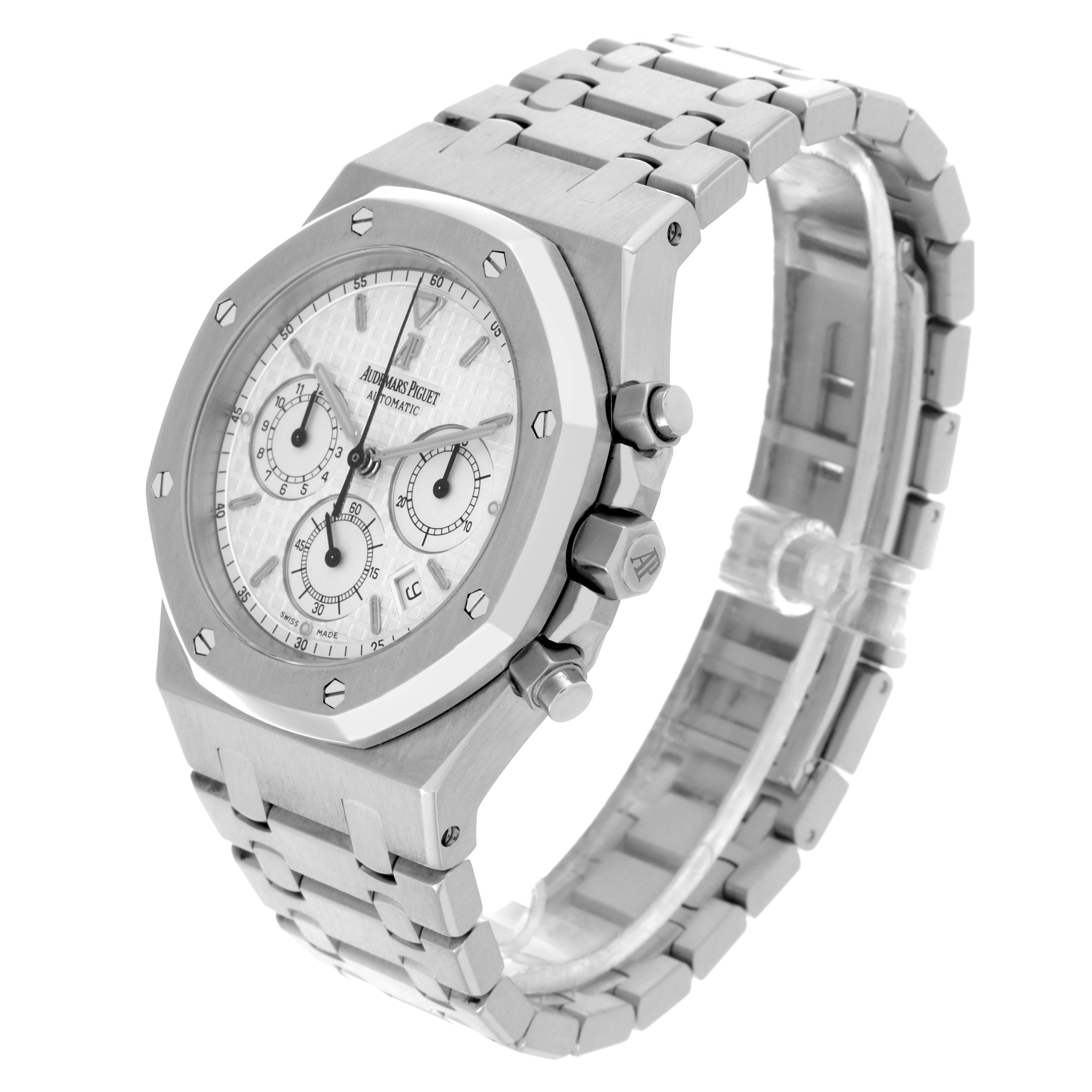 The Audemars Piguet Royal Oak 25860ST.OO.1110ST.05 Men's Stainless Steel White Dial 25860ST.OO.1110ST.05 Men's Stainless Steel White Dial watch is shown at a three-quarter angle, highlighting the case, bezel, dial, crown, and bracelet.