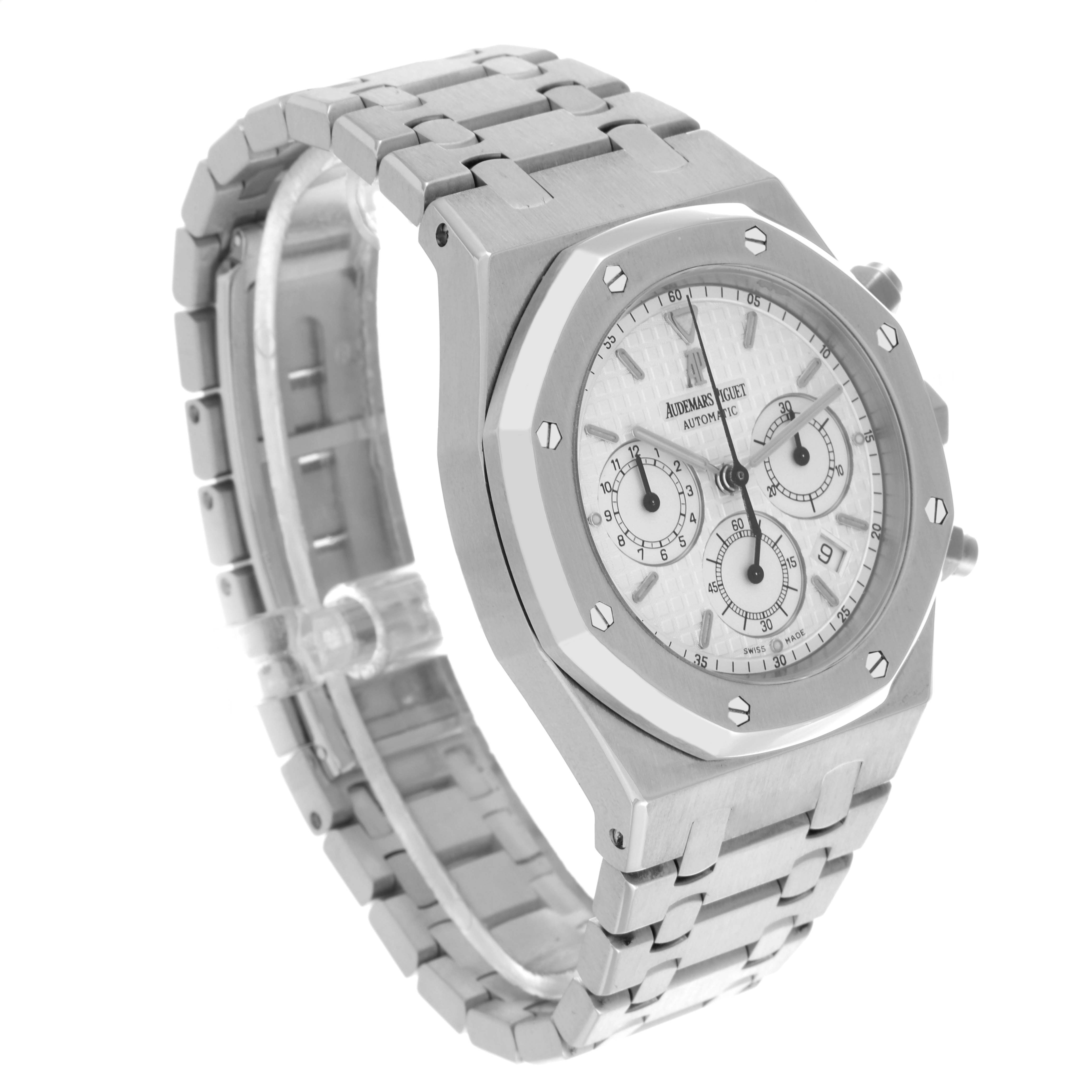 The Audemars Piguet Royal Oak 25860ST.OO.1110ST.05 Men's Stainless Steel White Dial 25860ST.OO.1110ST.05 Men's Stainless Steel White Dial watch is shown at an angled view, highlighting its face, bezel, and bracelet.