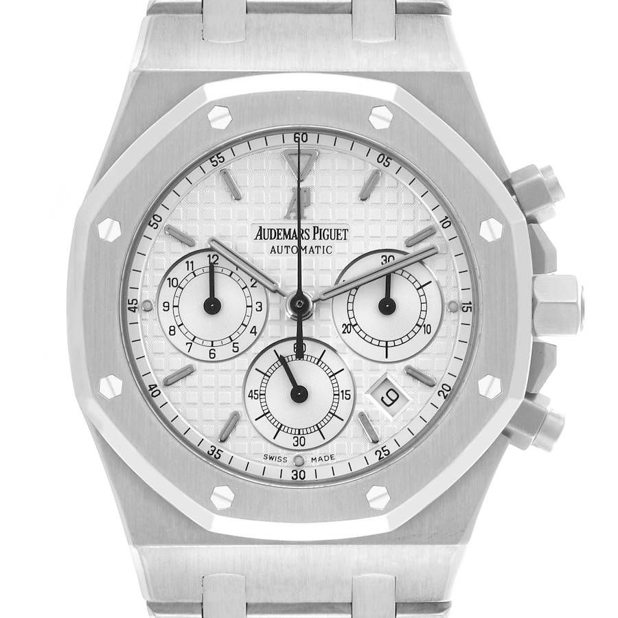 The image shows the Audemars Piguet Royal Oak watch face, including chronograph sub-dials and side crown, viewed from the front.