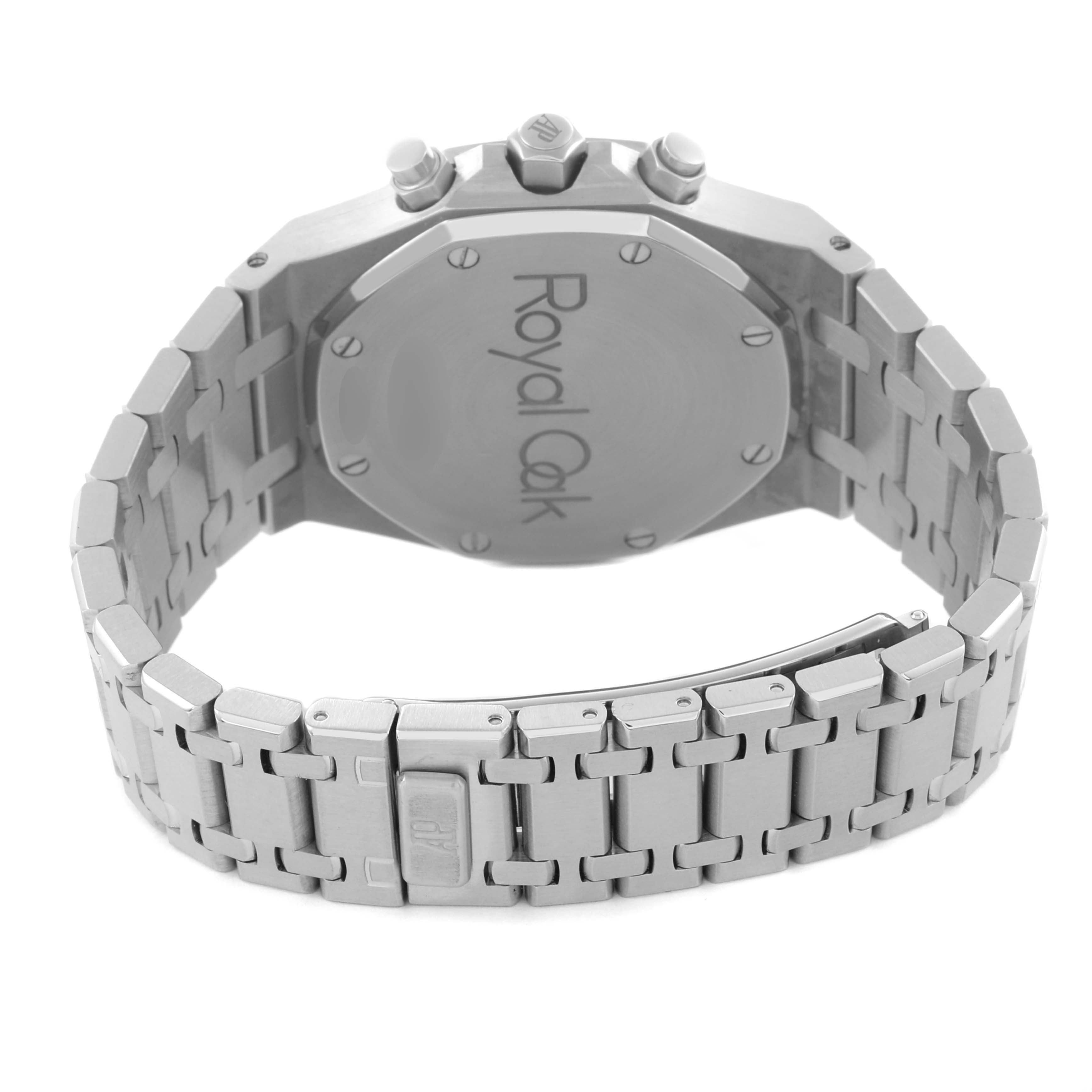 The image shows the back view of an Audemars Piguet Royal Oak 25860ST.OO.1110ST.05 Men's Stainless Steel White Dial 25860ST.OO.1110ST.05 Men's Stainless Steel White Dial watch highlighting the case back and stainless steel bracelet.