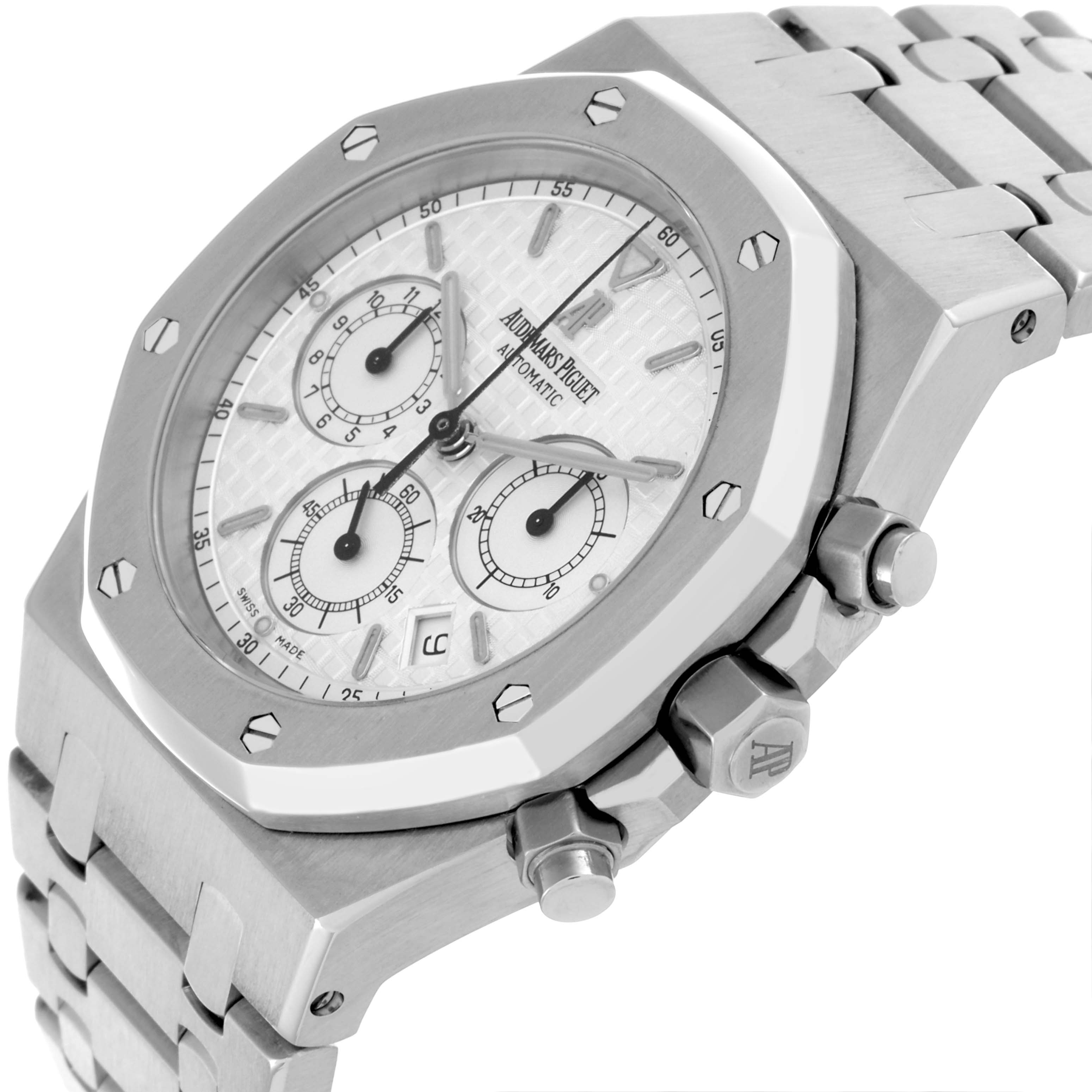 The Audemars Piguet Royal Oak 25860ST.OO.1110ST.05 Men's Stainless Steel White Dial 25860ST.OO.1110ST.05 Men's Stainless Steel White Dial watch is shown at a three-quarter angle, highlighting the octagonal bezel, dial, and pushers.