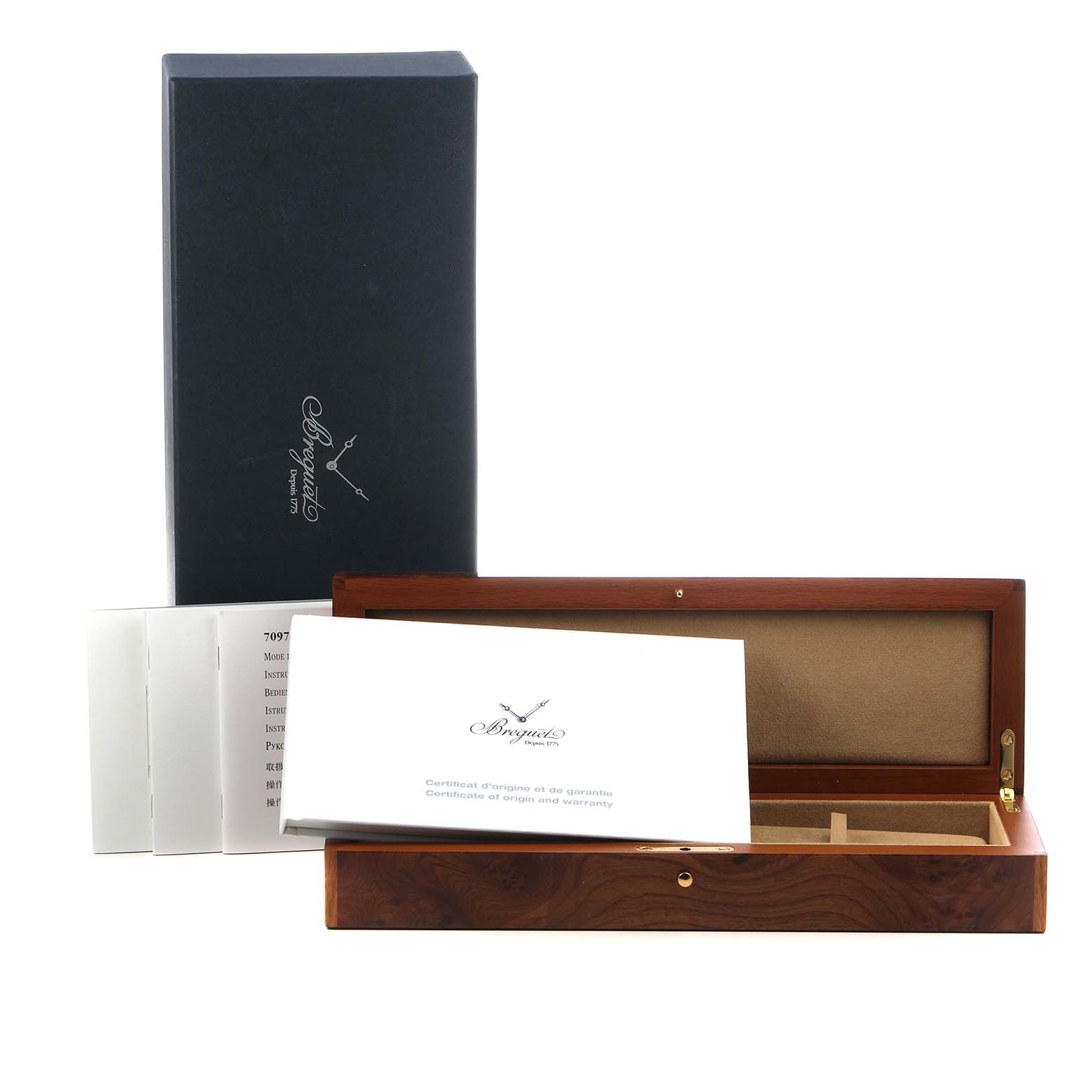 The image shows Breguet Tradition G7097BR/G1/9WU Men's Rose Gold Silver Dial model packaging including a box, outer sleeve, and documentation from a front angle.