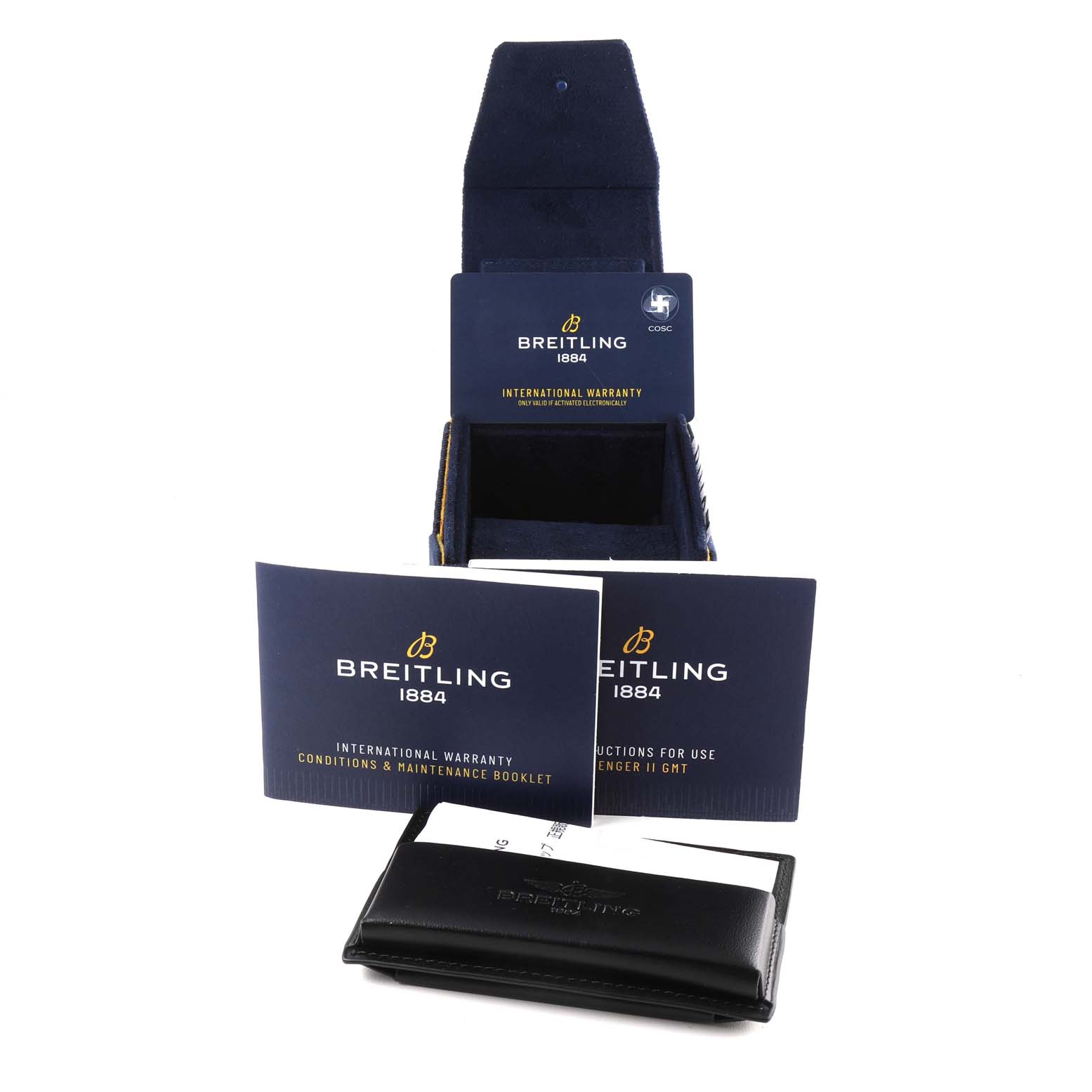 The image shows the packaging and accessories for the Breitling Avenger A32390 Men's Stainless Steel Mother of Pearl Dial A32390 Men's Stainless Steel Mother of Pearl Dial model, including the box, international warranty card, and booklets.