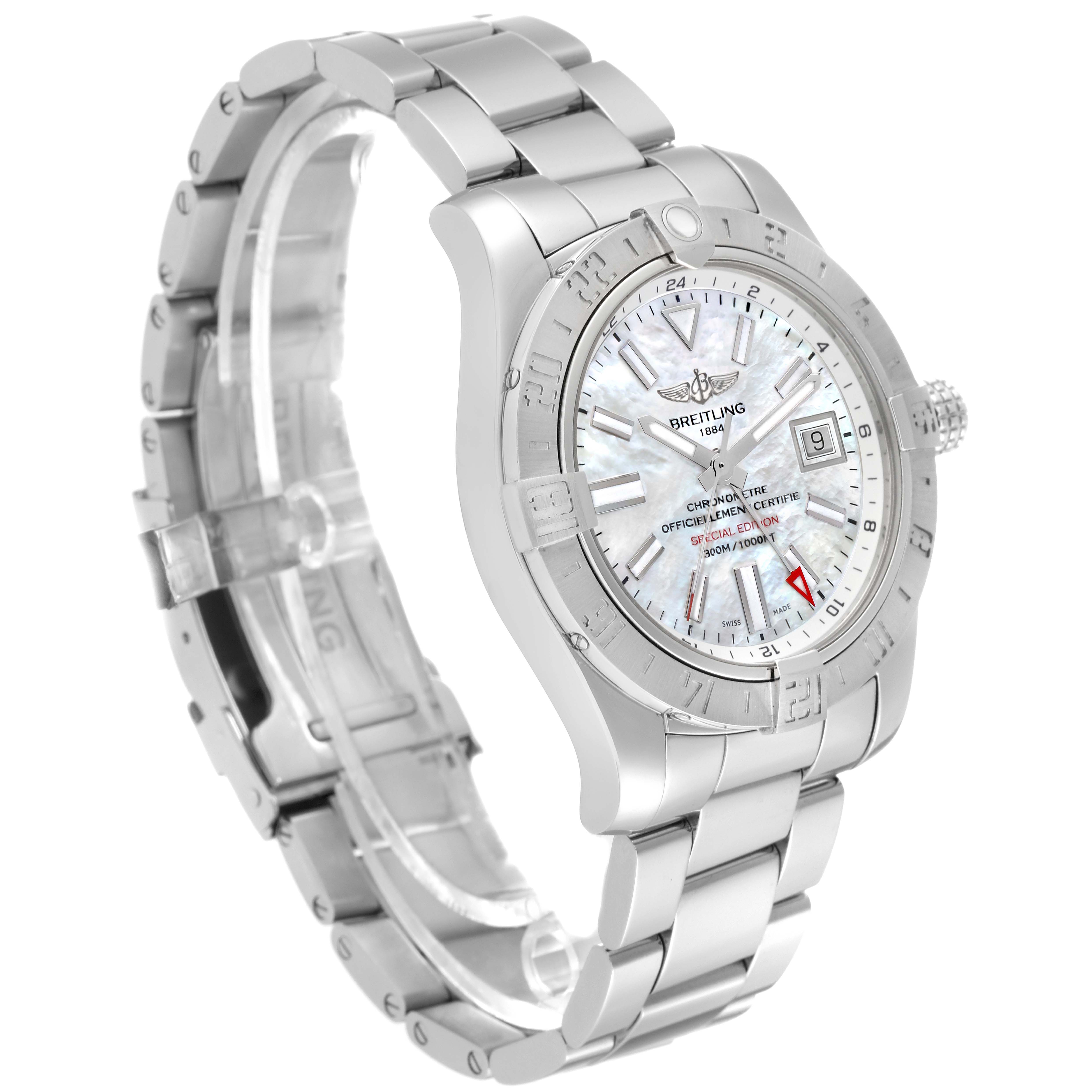The image shows a Breitling Avenger A32390 Men's Stainless Steel Mother of Pearl Dial A32390 Men's Stainless Steel Mother of Pearl Dial watch at a slight angle, highlighting the face, bezel, and stainless steel bracelet.