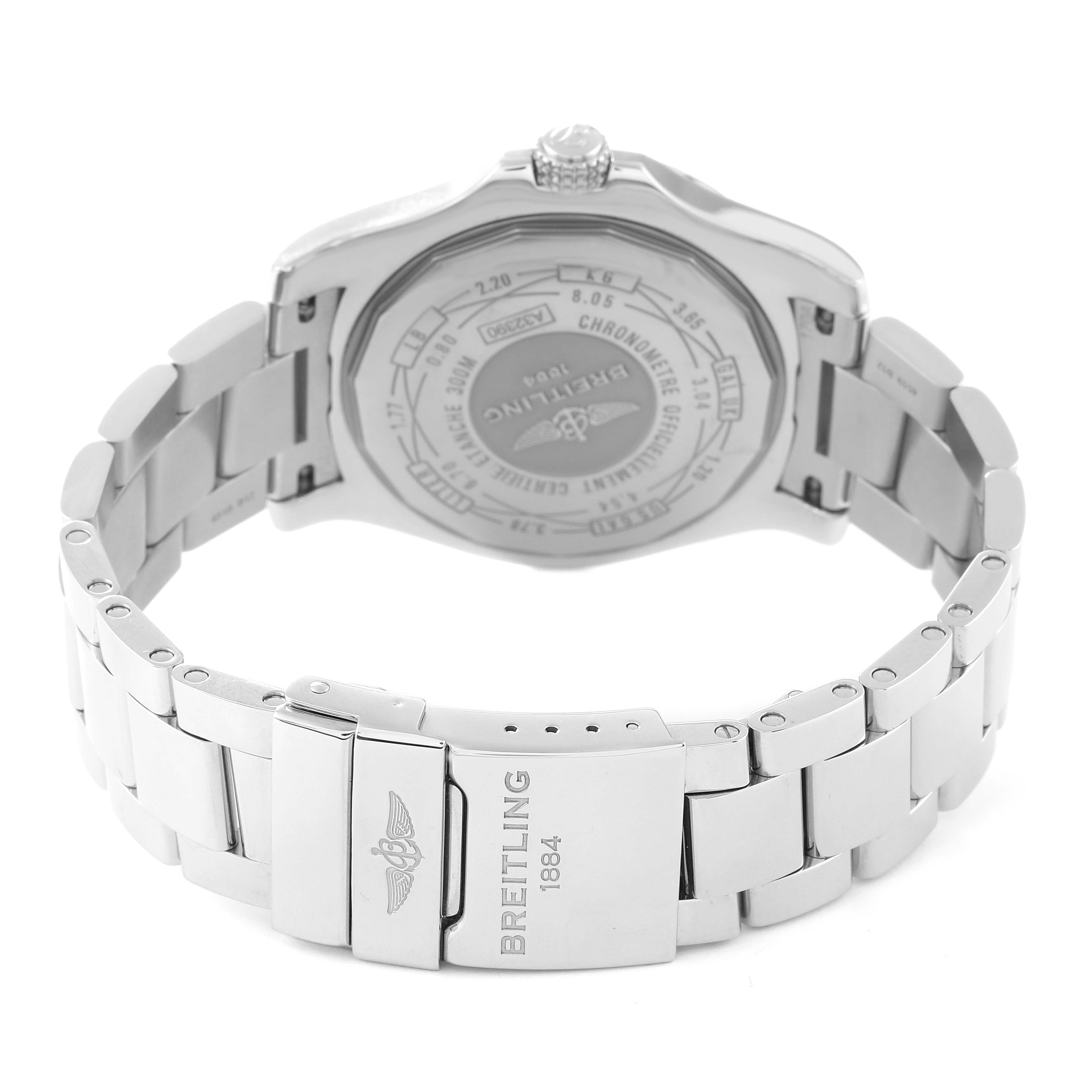 The image shows the back view of a Breitling Avenger A32390 Men's Stainless Steel Mother of Pearl Dial A32390 Men's Stainless Steel Mother of Pearl Dial watch, highlighting its clasp, bracelet, and case back.