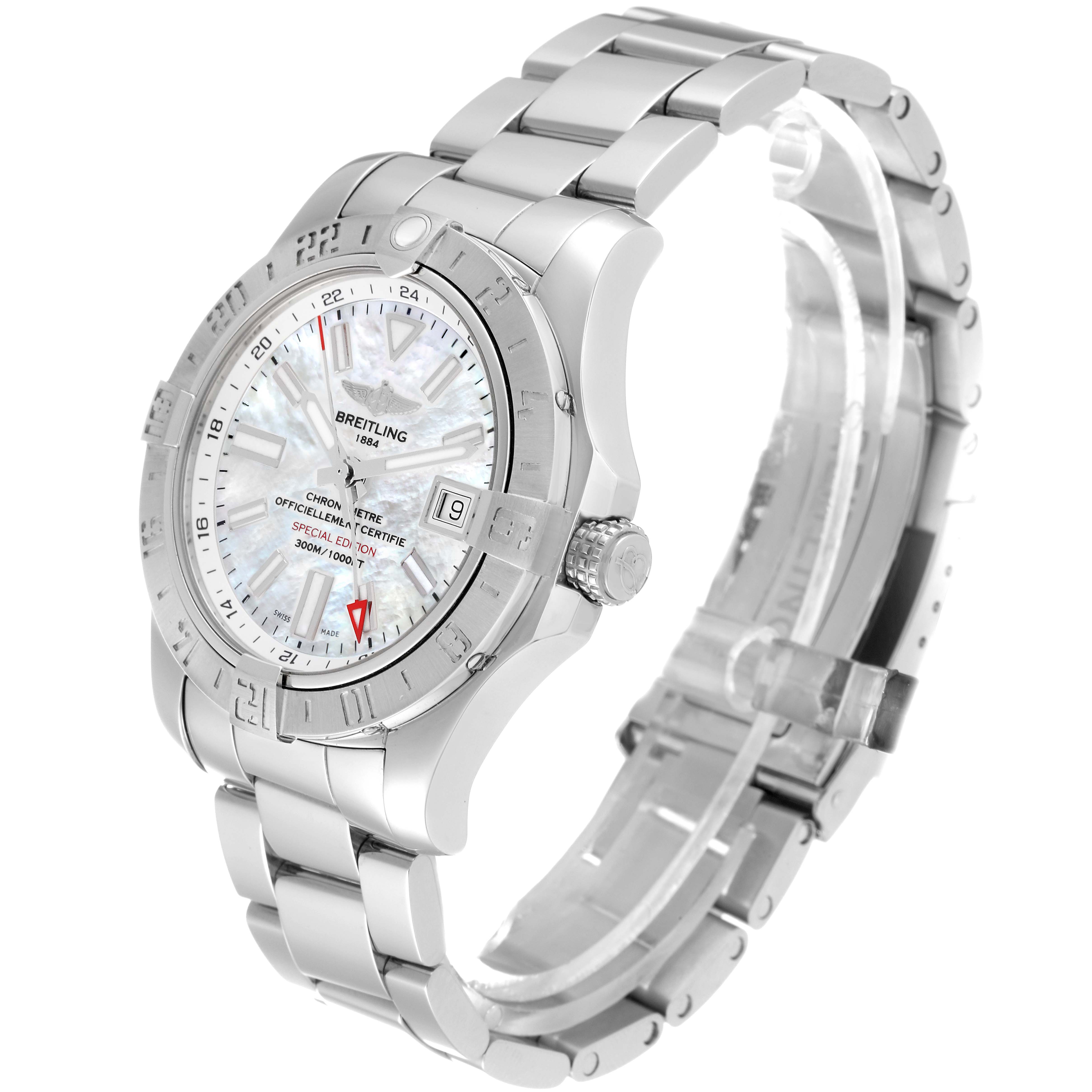 The Breitling Avenger A32390 Men's Stainless Steel Mother of Pearl Dial A32390 Men's Stainless Steel Mother of Pearl Dial watch is shown from a three-quarter angle, highlighting its dial, bezel, crown, and metal bracelet.