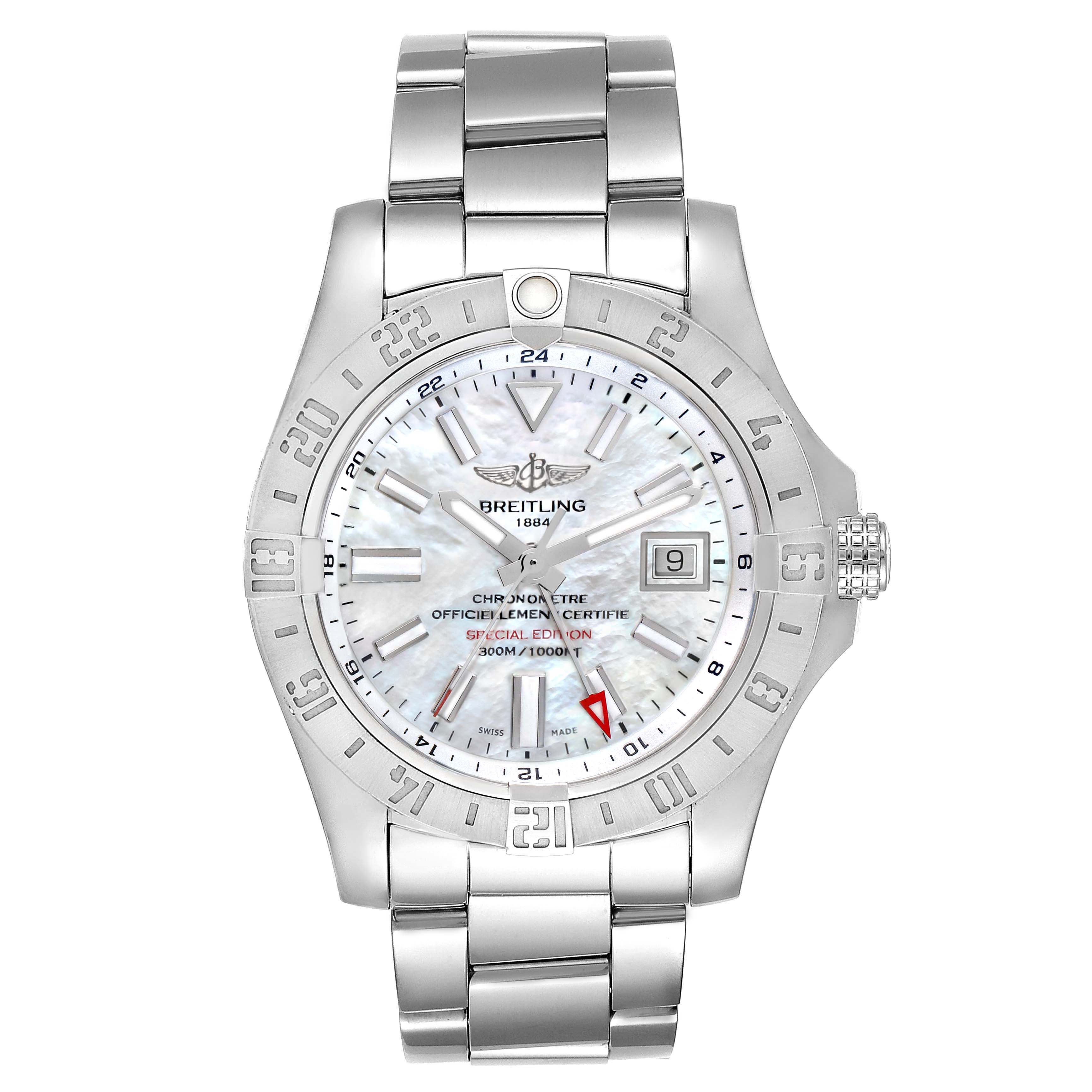 The image shows a front view of a Breitling Avenger A32390 Men's Stainless Steel Mother of Pearl Dial A32390 Men's Stainless Steel Mother of Pearl Dial watch, displaying its face, bezel, and metal bracelet.