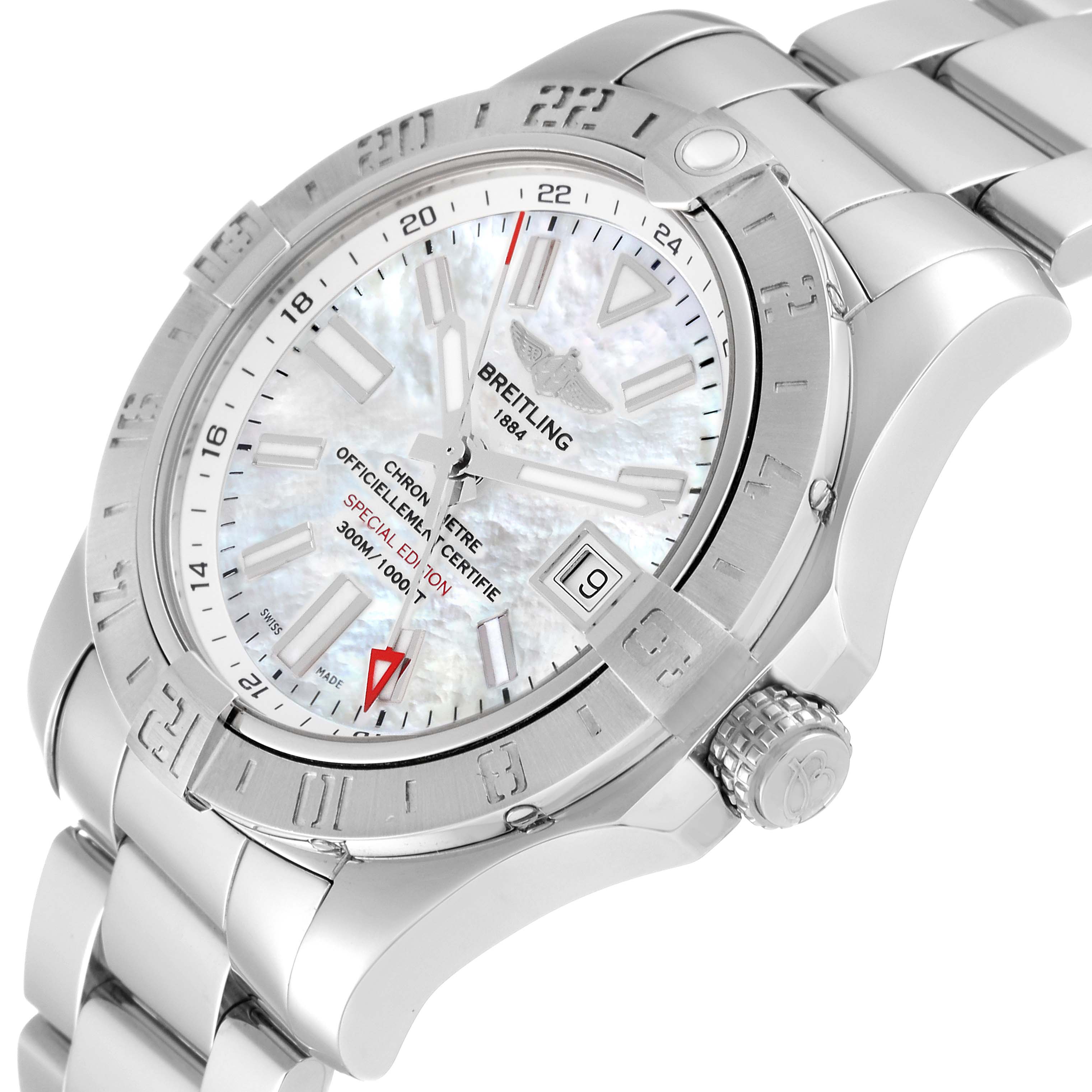 The image shows a close-up angle of the Breitling Avenger A32390 Men's Stainless Steel Mother of Pearl Dial A32390 Men's Stainless Steel Mother of Pearl Dial watch, highlighting the dial, bezel, date window, and part of the bracelet.