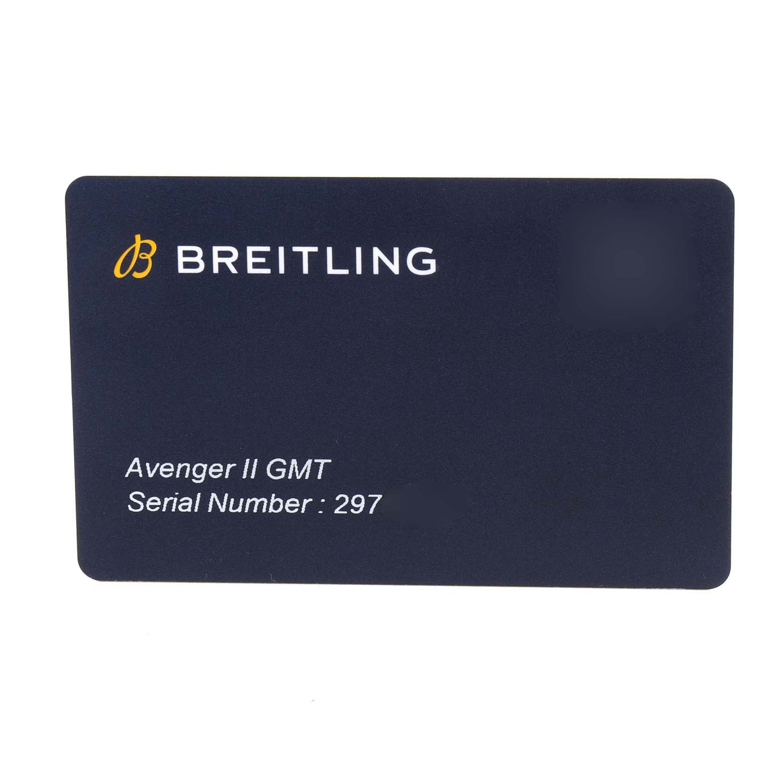 This image shows a Breitling Avenger A32390 Men's Stainless Steel Mother of Pearl Dial A32390 Men's Stainless Steel Mother of Pearl Dial II GMT watch's serial number card.