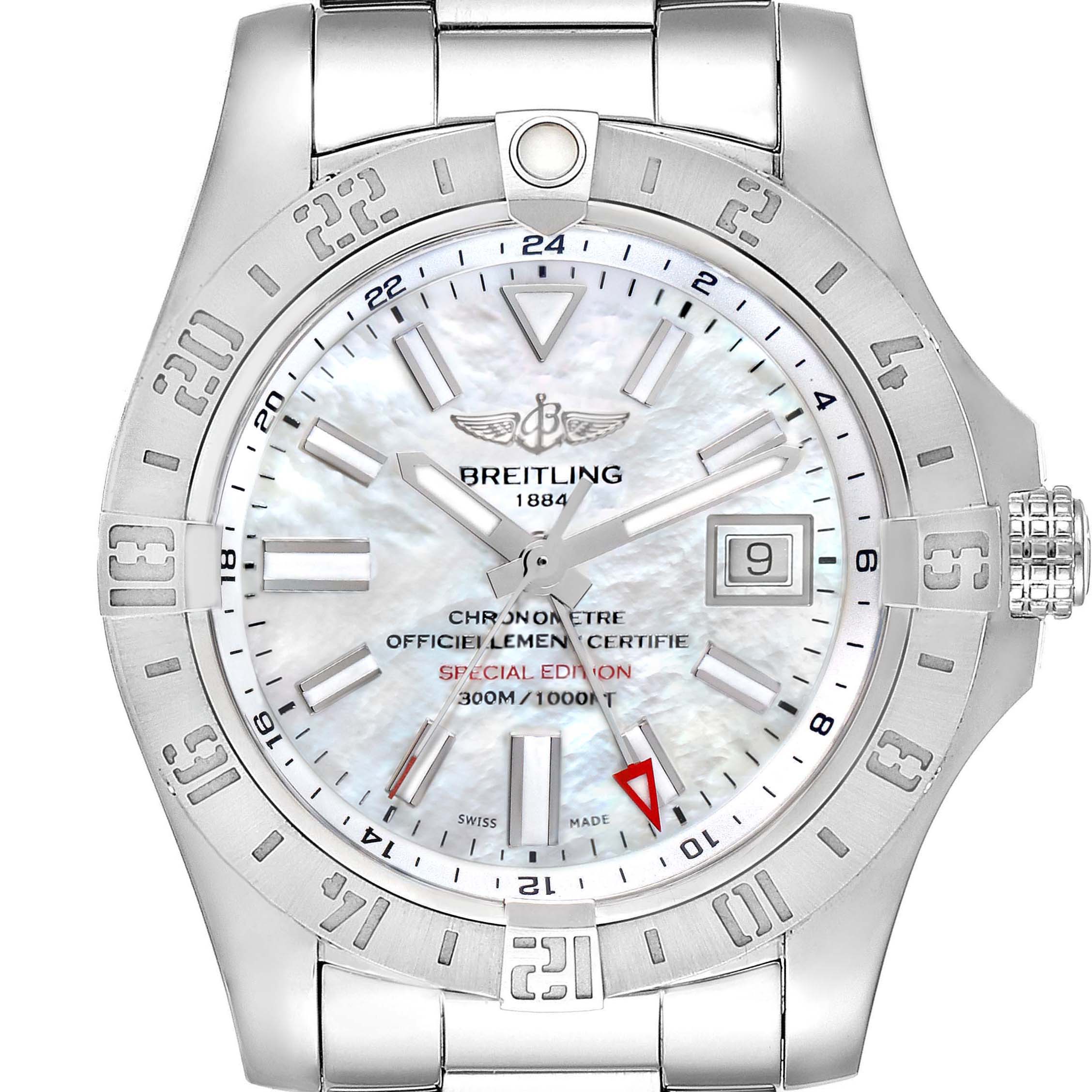 The image shows a front view of the Breitling Avenger A32390 Men's Stainless Steel Mother of Pearl Dial A32390 Men's Stainless Steel Mother of Pearl Dial watch, highlighting its face, bezel, and part of the bracelet.