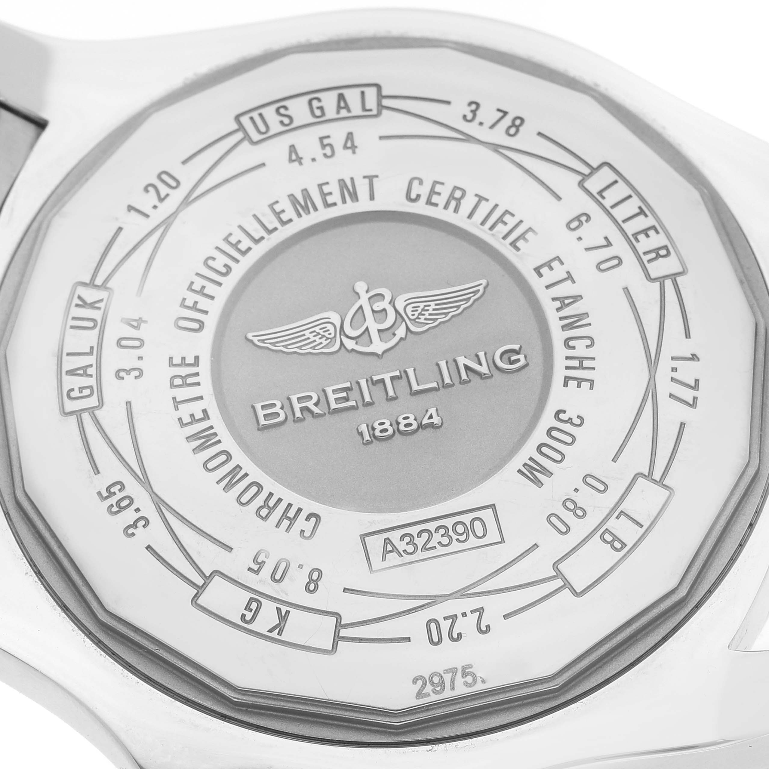 The image shows the back case of a Breitling Avenger A32390 Men's Stainless Steel Mother of Pearl Dial A32390 Men's Stainless Steel Mother of Pearl Dial watch, displaying various unit conversions and inscriptions.