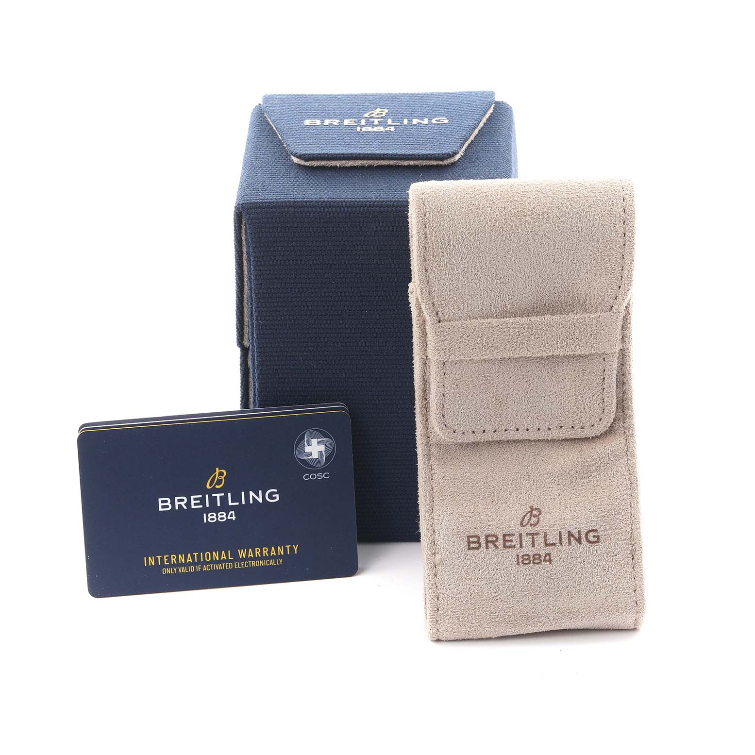 The image shows a box, a warranty card, and a pouch for the Breitling Avenger A13385101B1A1 Men's Stainless Steel Black Dial A13385101B1A1 Men's Stainless Steel Black Dial watch, viewed from the front.