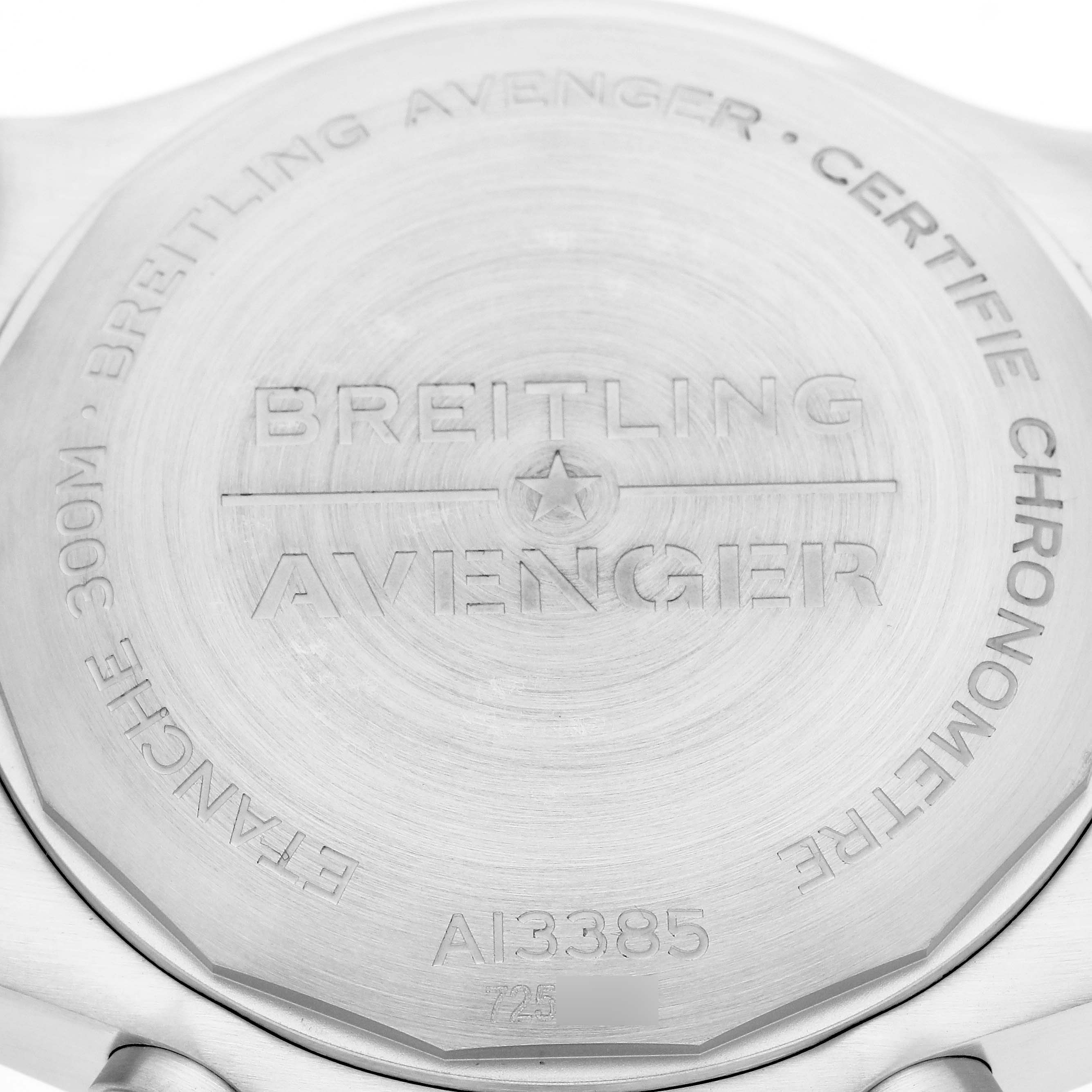 The image shows the back of a Breitling Avenger A13385101B1A1 Men's Stainless Steel Black Dial A13385101B1A1 Men's Stainless Steel Black Dial watch, highlighting its engraved details.