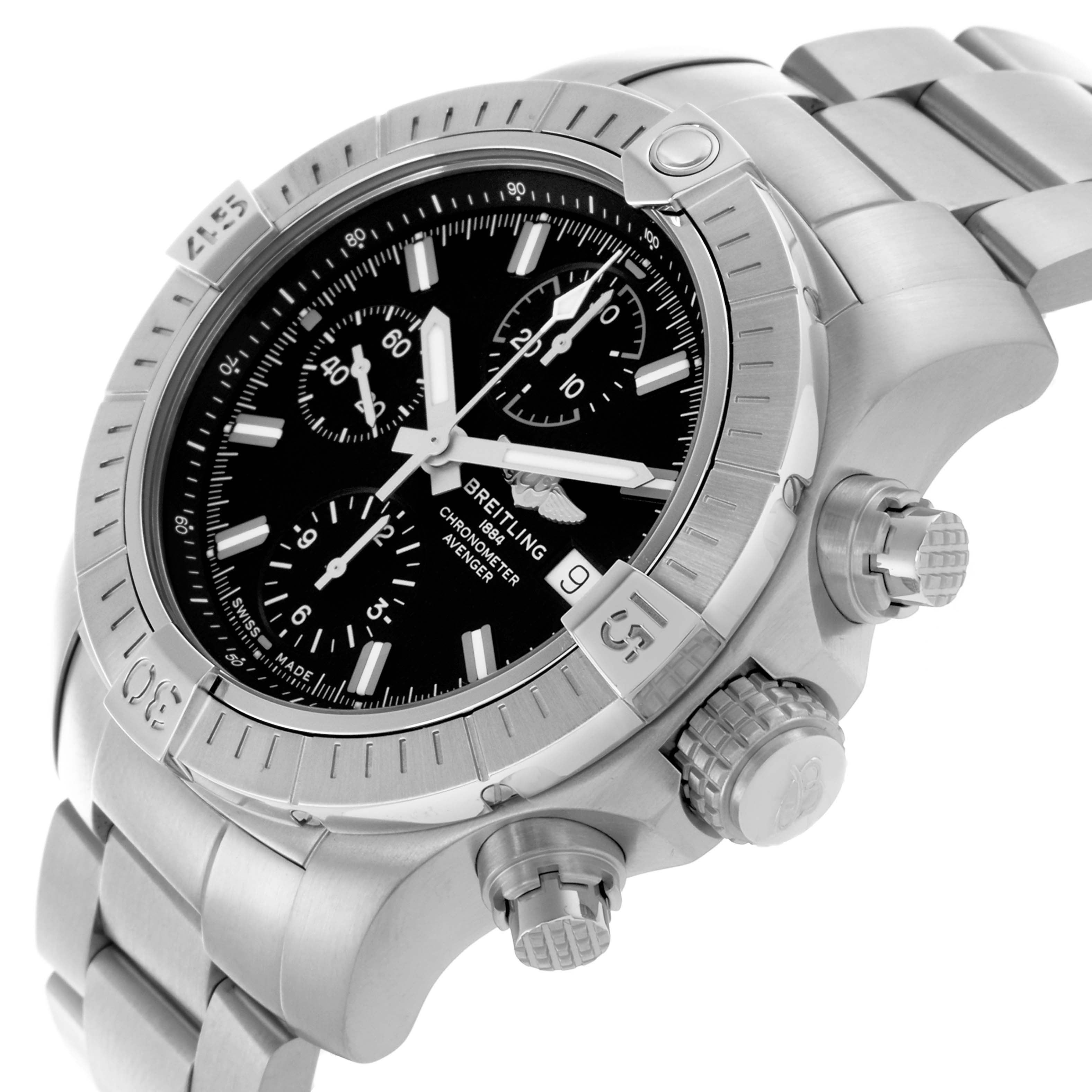 The Breitling Avenger A13385101B1A1 Men's Stainless Steel Black Dial A13385101B1A1 Men's Stainless Steel Black Dial watch is shown at an angled view, highlighting the bezel, dial, subdials, and stainless steel bracelet.