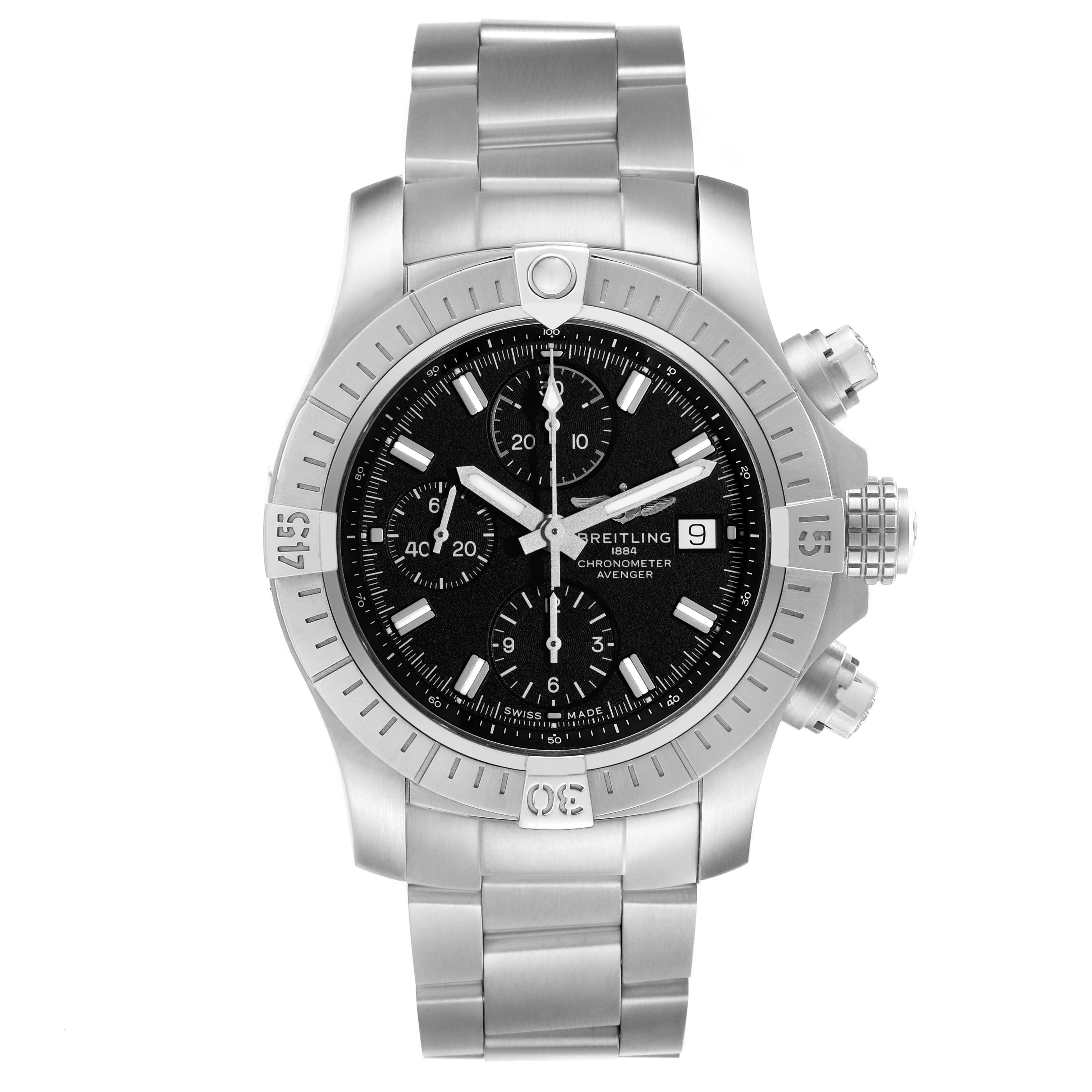 The Breitling Avenger A13385101B1A1 Men's Stainless Steel Black Dial A13385101B1A1 Men's Stainless Steel Black Dial watch is shown from the front, displaying its dial, bezel, chronograph subdials, and bracelet.