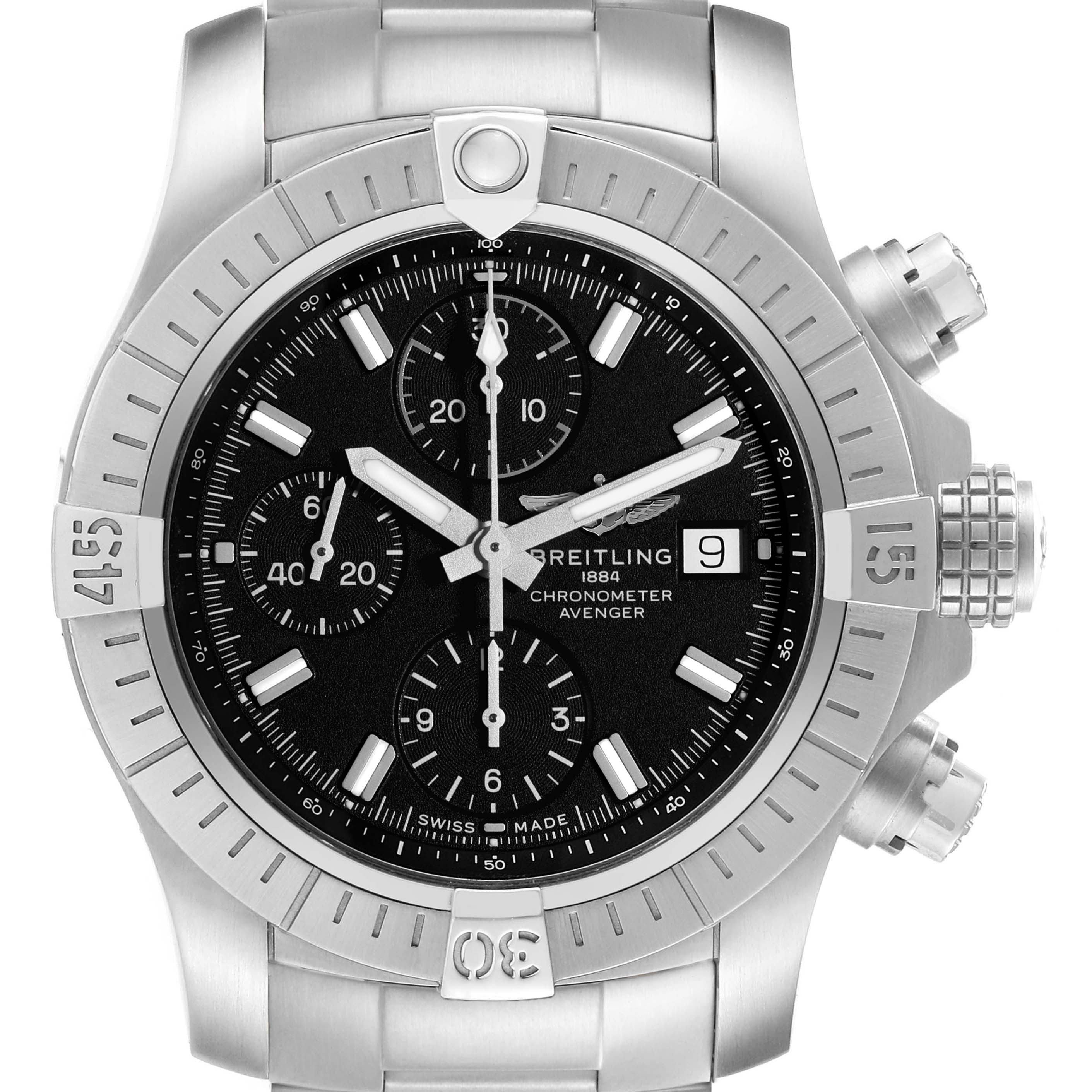 The Breitling Avenger A13385101B1A1 Men's Stainless Steel Black Dial A13385101B1A1 Men's Stainless Steel Black Dial watch is shown from a front angle, highlighting the bezel, chronograph dials, and bracelet.