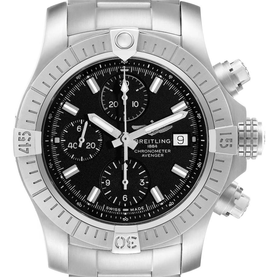 The Breitling Avenger watch is shown from a front angle, highlighting the bezel, chronograph dials, and bracelet.