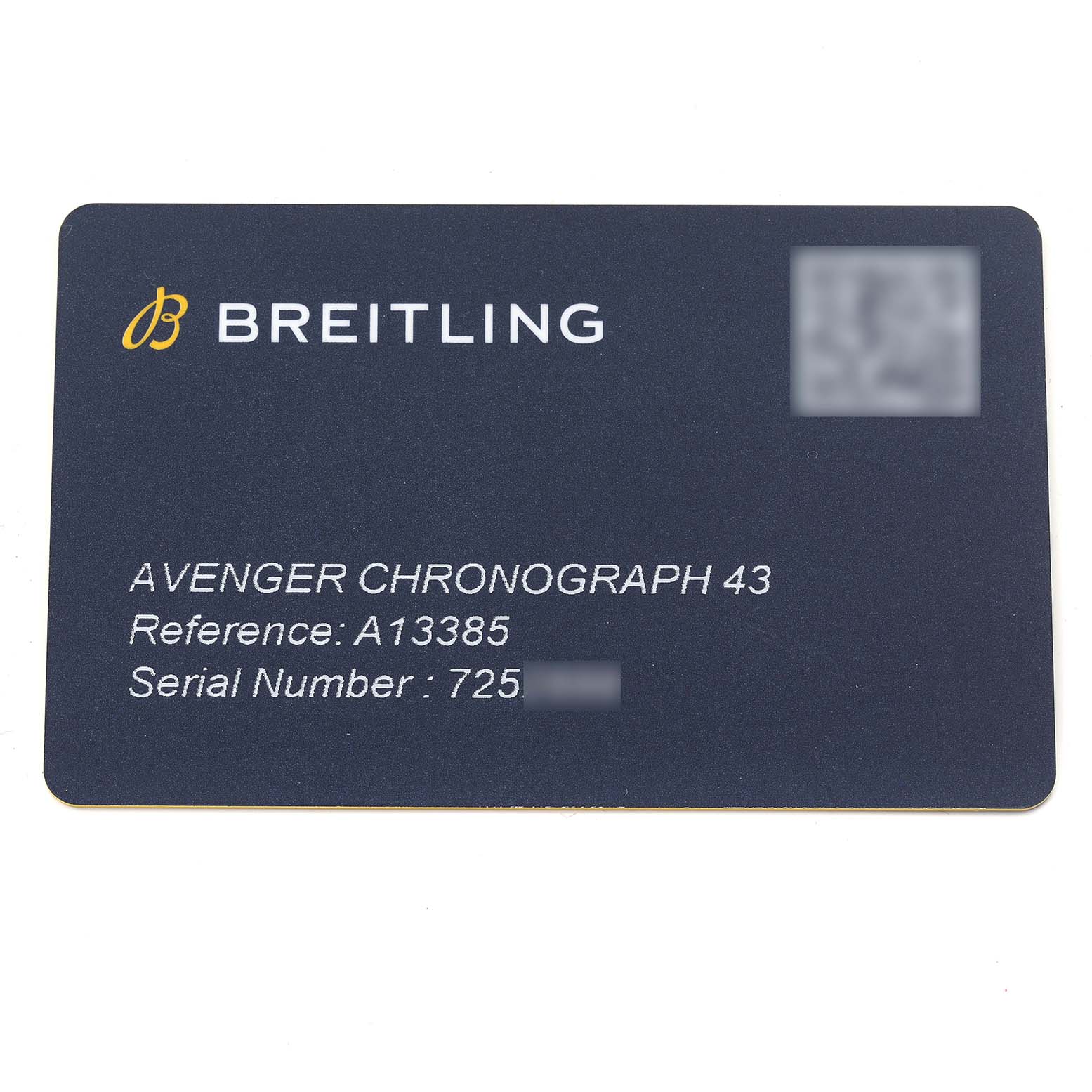 The image shows a Breitling Avenger A13385101B1A1 Men's Stainless Steel Black Dial A13385101B1A1 Men's Stainless Steel Black Dial Chronograph 43 warranty card with reference and serial numbers displayed.