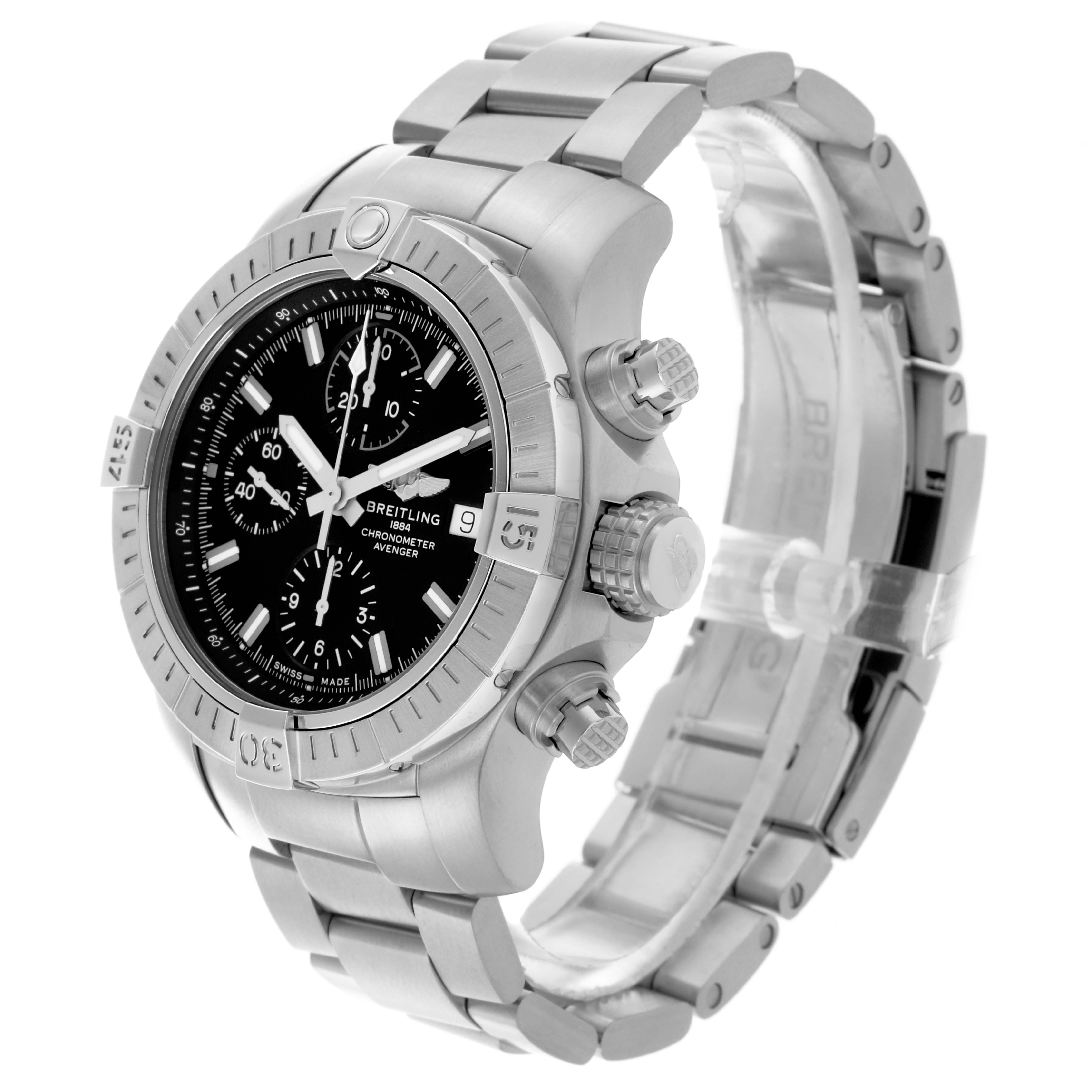 The Breitling Avenger A13385101B1A1 Men's Stainless Steel Black Dial A13385101B1A1 Men's Stainless Steel Black Dial watch is shown at a three-quarter angle, displaying the face, bezel, crown, pushers, and bracelet.