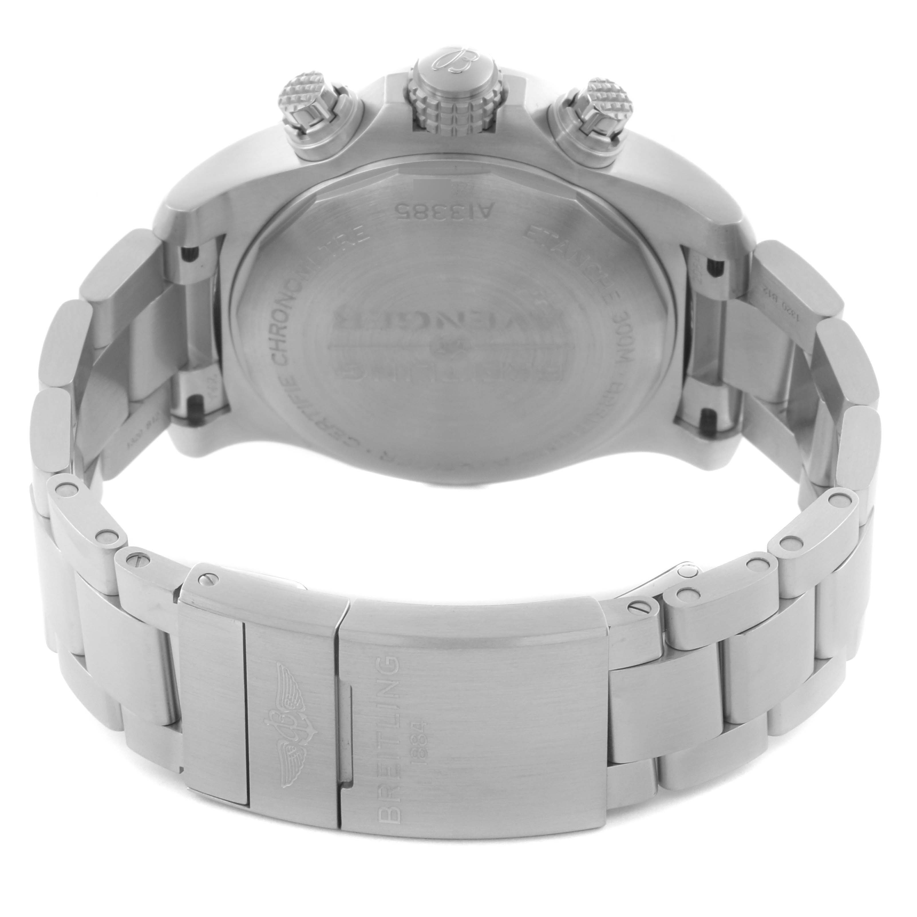 The image shows the back and clasp of the Breitling Avenger A13385101B1A1 Men's Stainless Steel Black Dial A13385101B1A1 Men's Stainless Steel Black Dial watch, highlighting the case back and bracelet design.