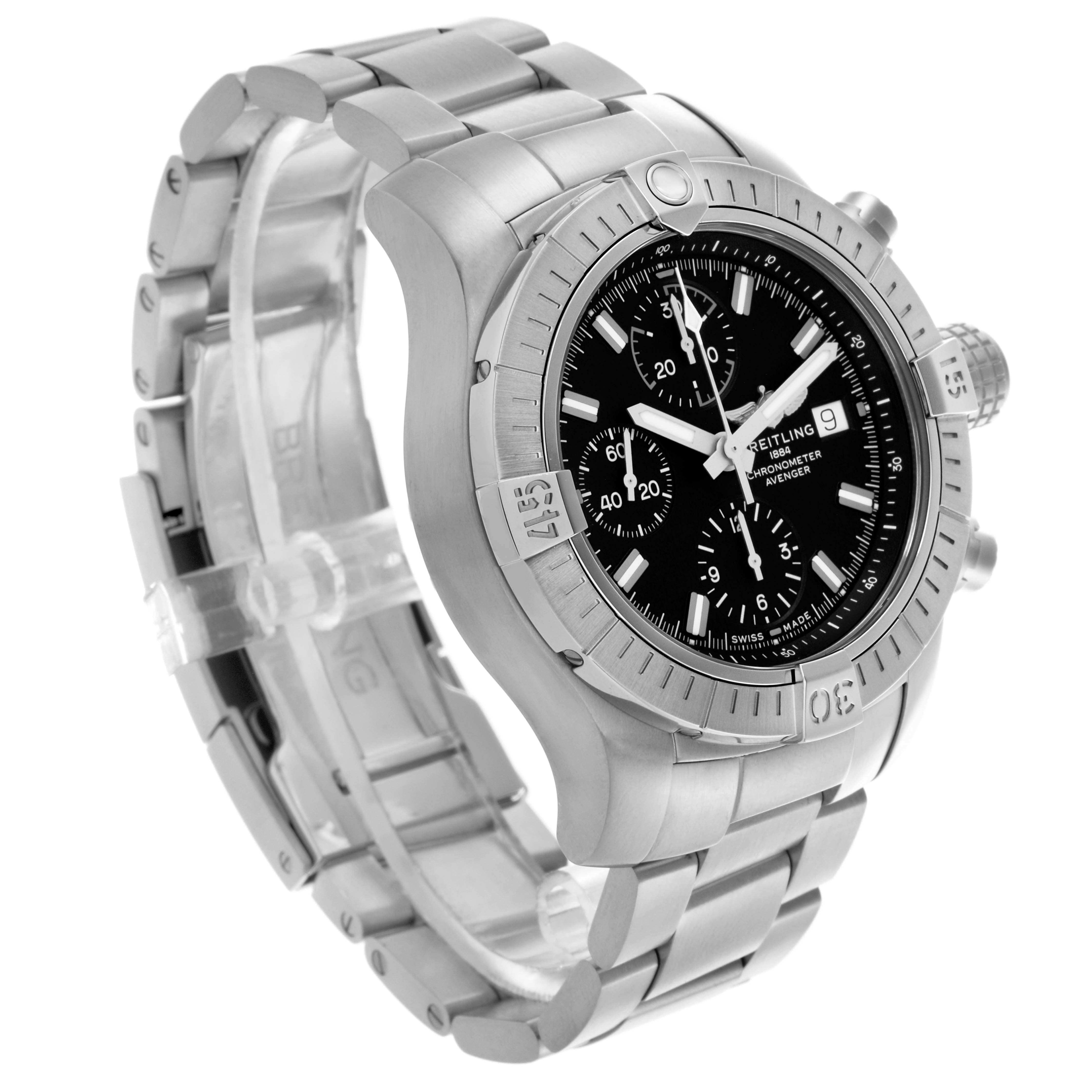 The Breitling Avenger A13385101B1A1 Men's Stainless Steel Black Dial A13385101B1A1 Men's Stainless Steel Black Dial watch is shown at a three-quarter angle, highlighting the bracelet, bezel, and chronograph dial.