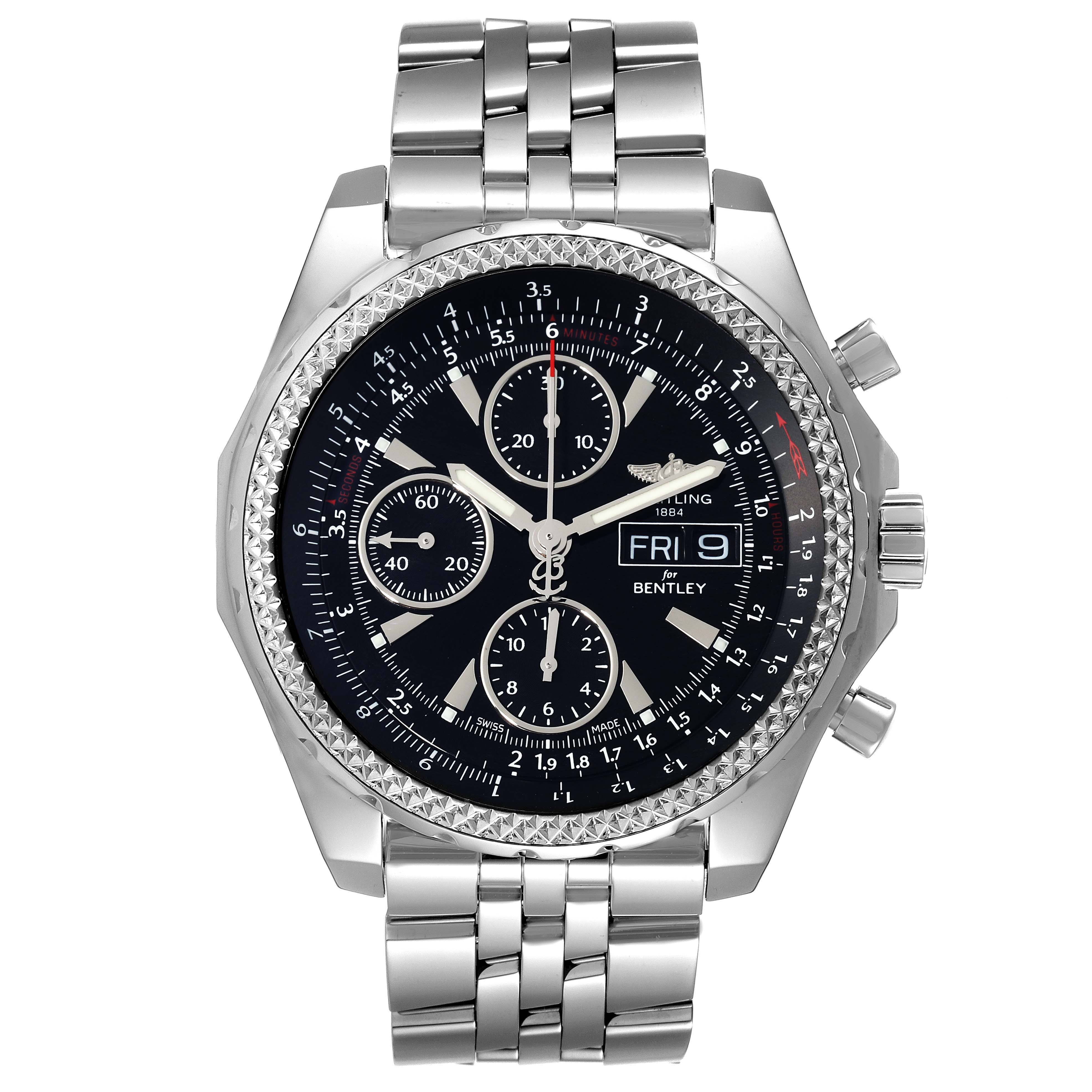 The image shows a frontal view of the Breitling Bentley A13362 Men's Stainless Steel Black Dial A13362 Men's Stainless Steel Black Dial model watch featuring its dial, case, and metal bracelet.