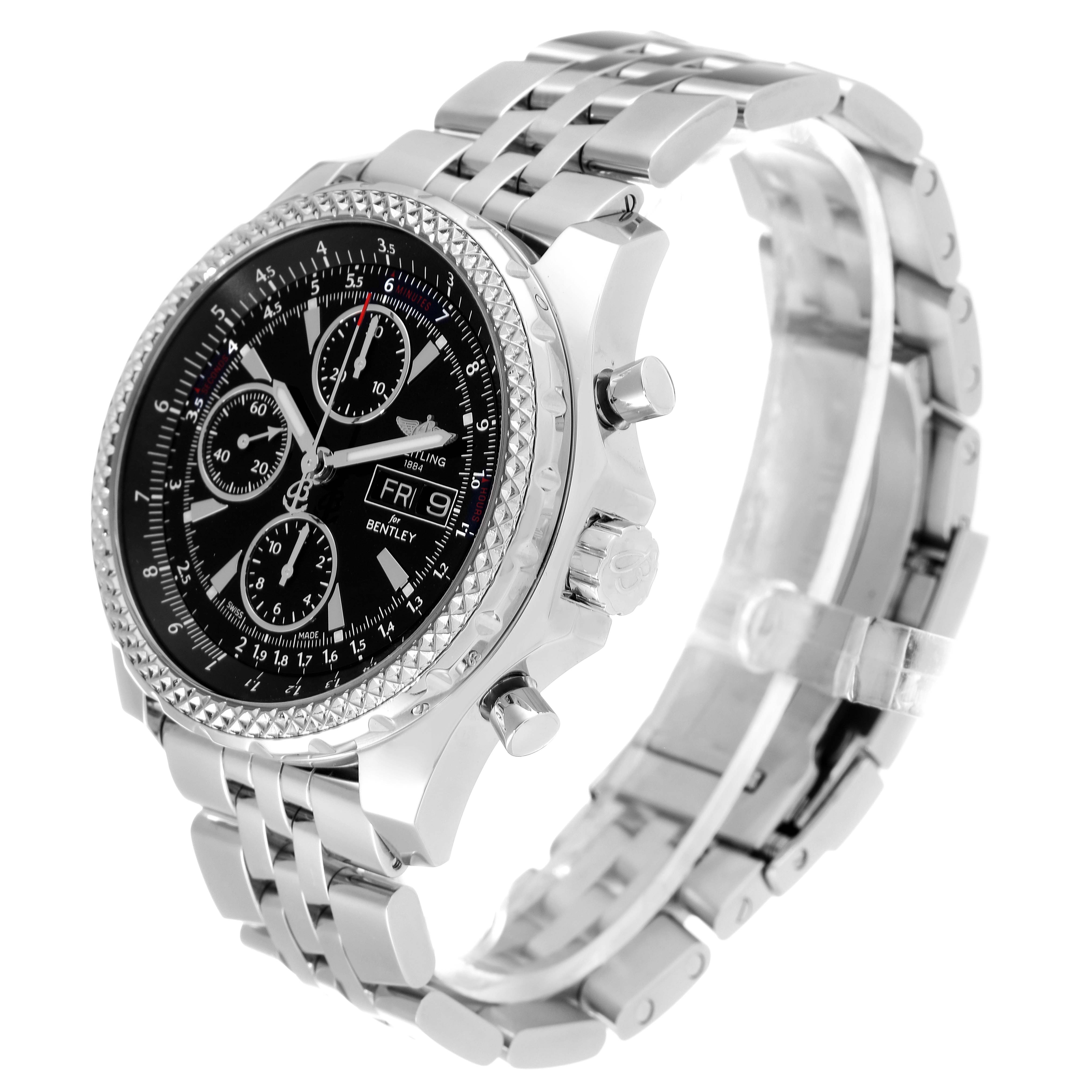 The image shows a side and front angle of the Breitling Bentley A13362 Men's Stainless Steel Black Dial A13362 Men's Stainless Steel Black Dial watch, highlighting its dial, bezel, crown, pushers, and bracelet.