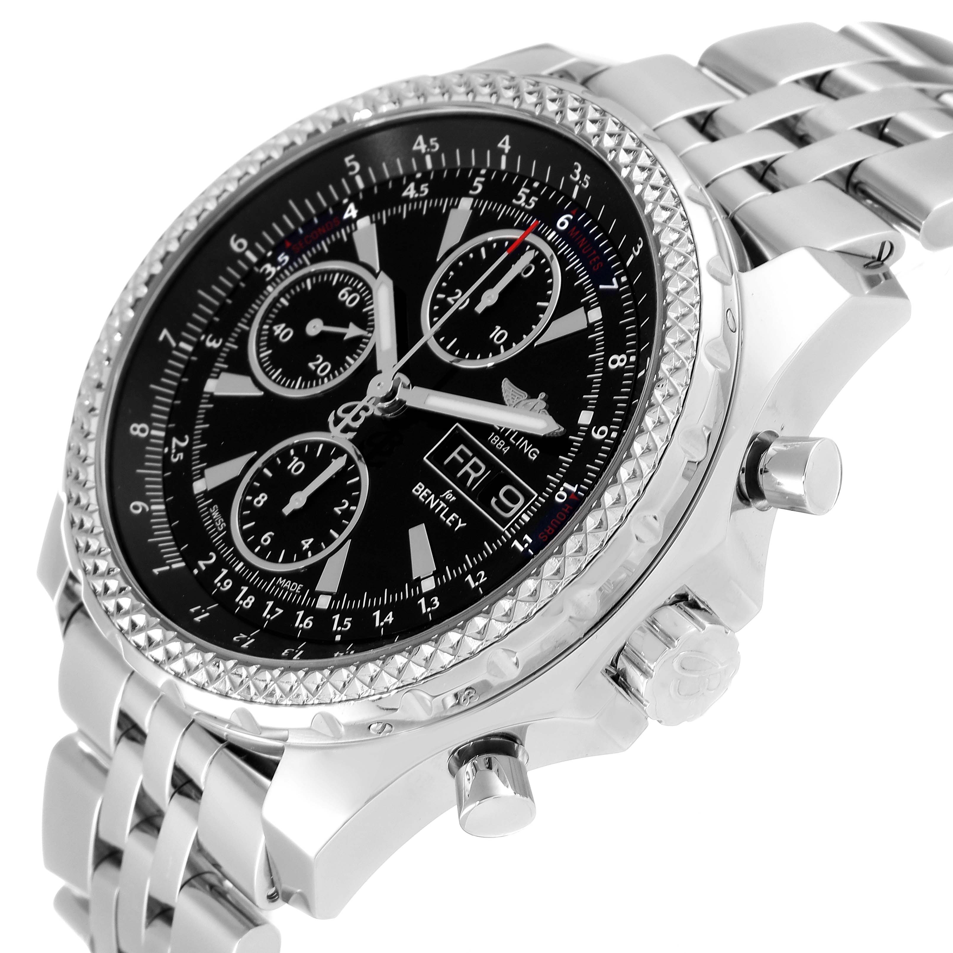 This image shows a Bentley model Breitling watch at a slight angle, highlighting the face, bezel, and part of the bracelet.