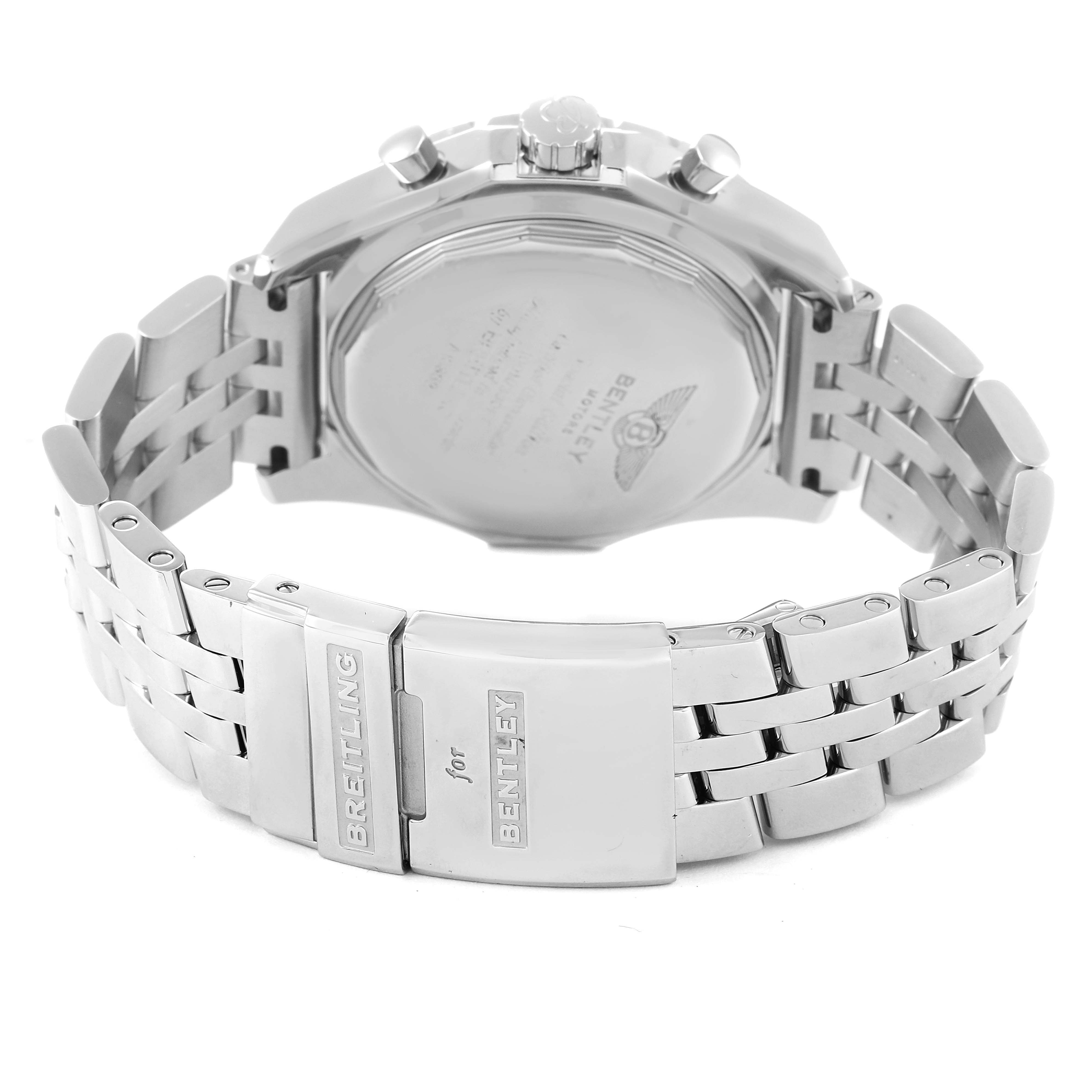 The image shows the back view and clasp of a Breitling Bentley A13362 Men's Stainless Steel Black Dial A13362 Men's Stainless Steel Black Dial model watch, highlighting the engraved details on the back and the metal bracelet.